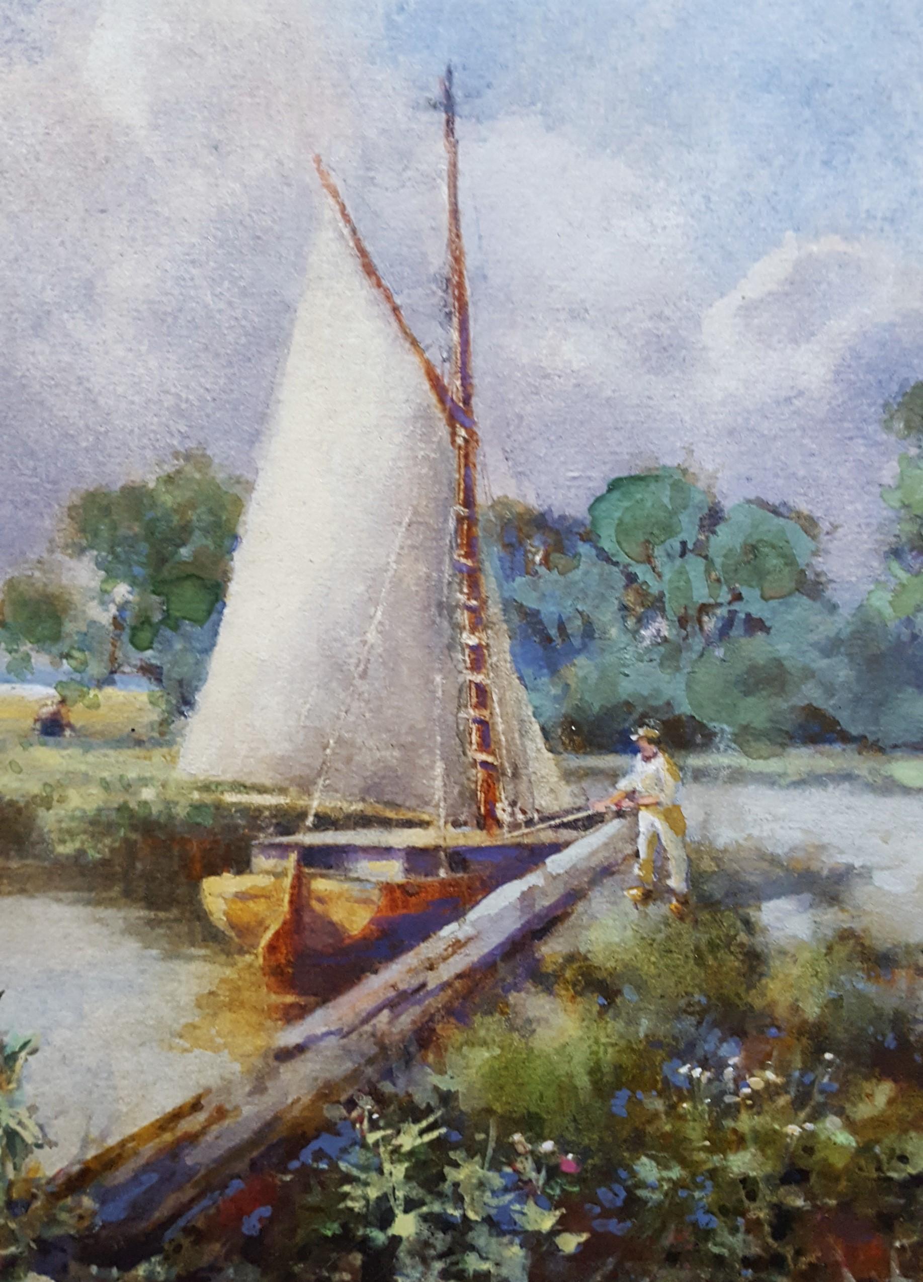 Canal in Norfolk Broads /// Antique British Watercolor Boat Ship River Villlage For Sale 2