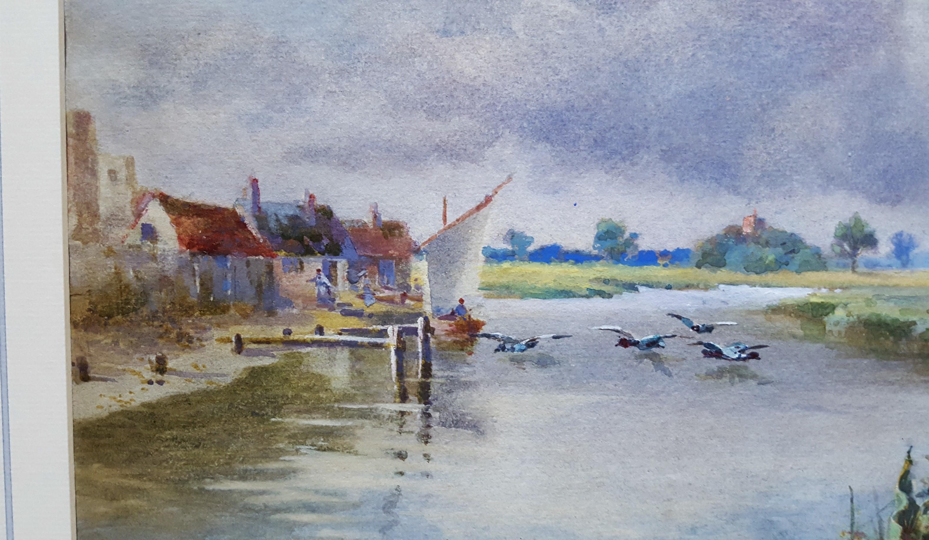Canal in Norfolk Broads /// Antique British Watercolor Boat Ship River Villlage For Sale 5