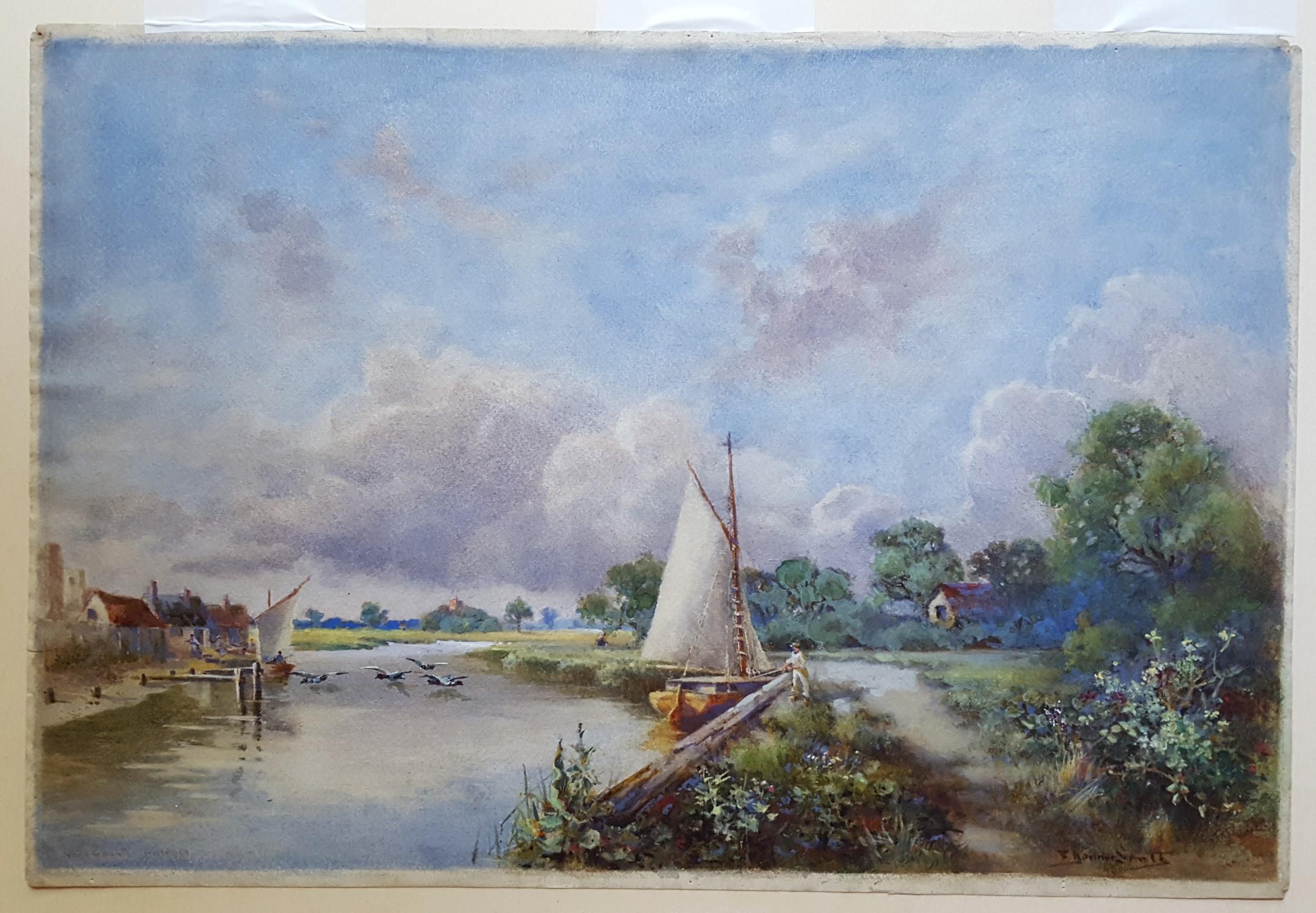 Canal in Norfolk Broads /// Antique British Watercolor Boat Ship River Villlage For Sale 6