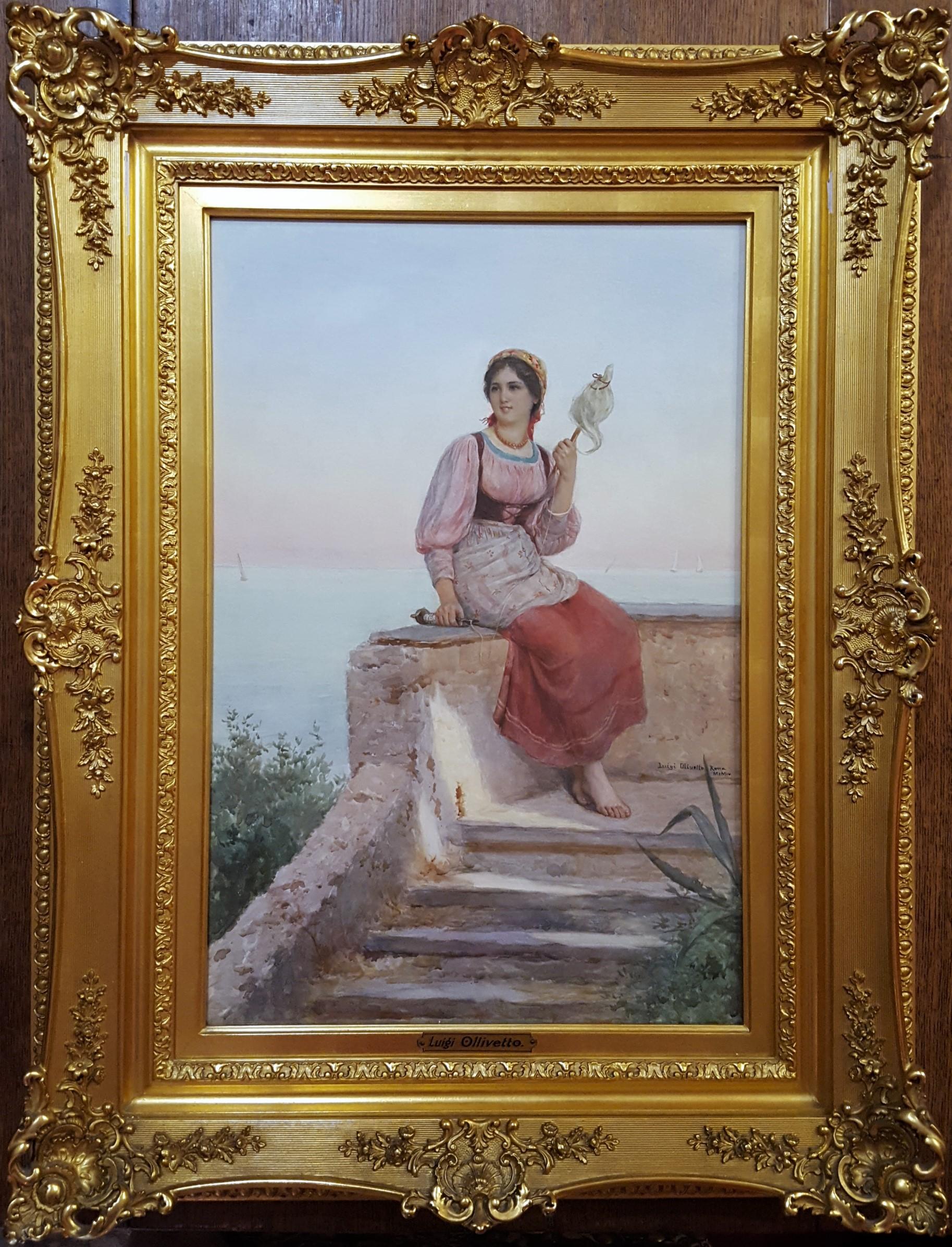 Junge italienische Frau, die Fäden spinnt /// Antikes Aquarell Rom Frau-Landschaft – Art von Luigi Olivetti