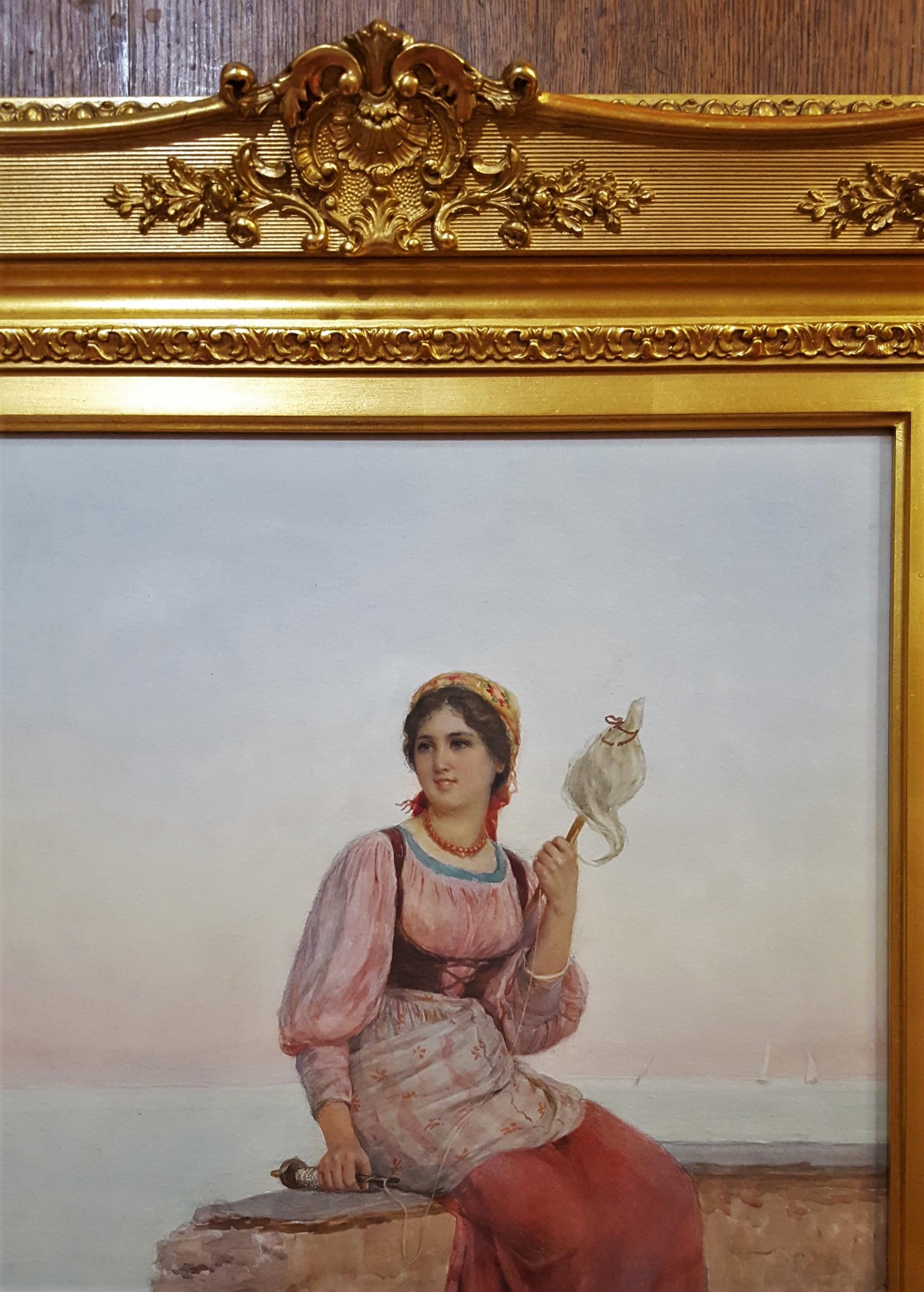 Young Italian Woman Spinning Thread /// Antique Watercolor Rome Lady Landscape - Gray Figurative Art by Luigi Olivetti