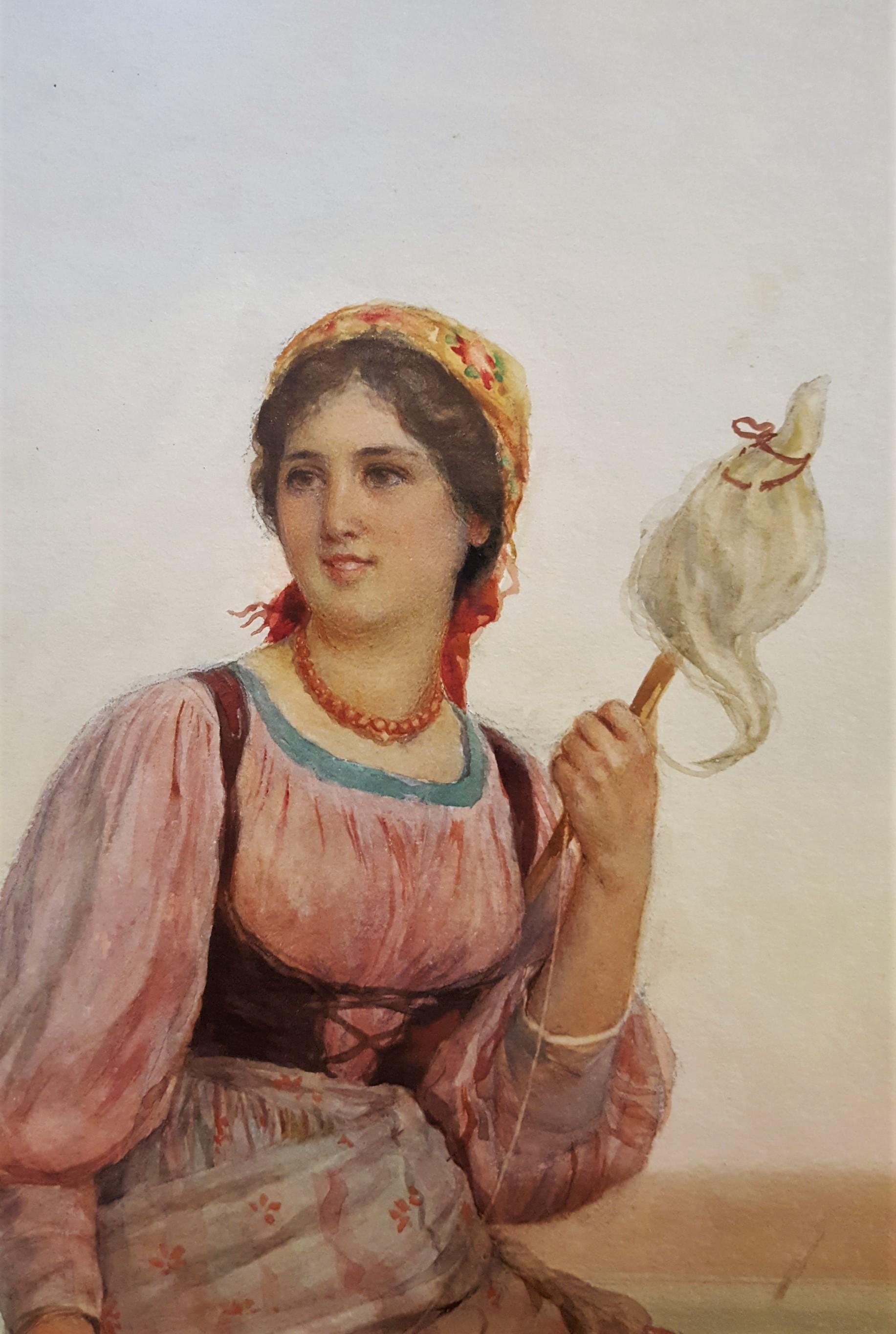 Young Italian Woman Spinning Thread /// Antique Watercolor Rome Lady Landscape For Sale 1