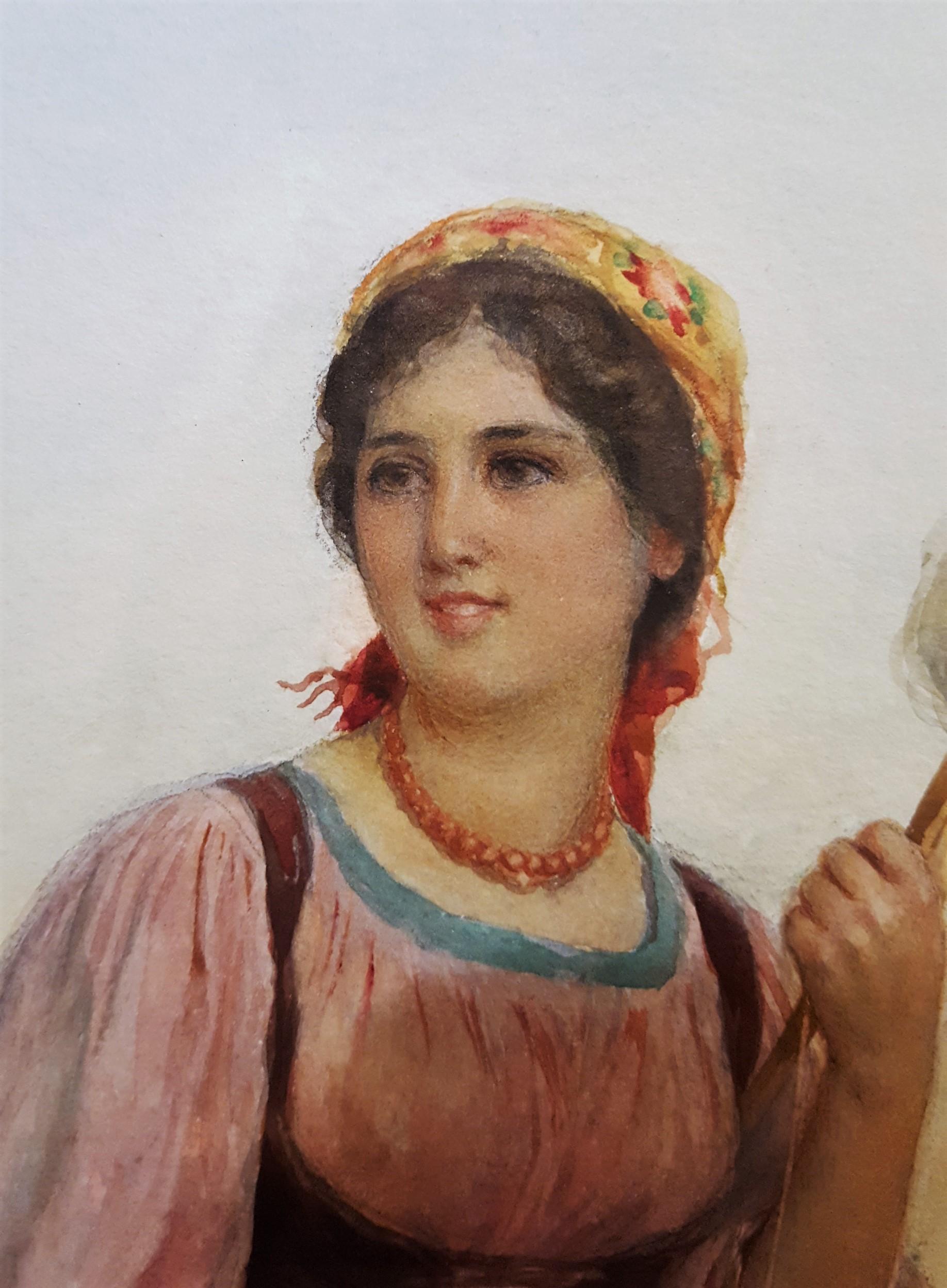 Junge italienische Frau, die Fäden spinnt /// Antikes Aquarell Rom Frau-Landschaft 5