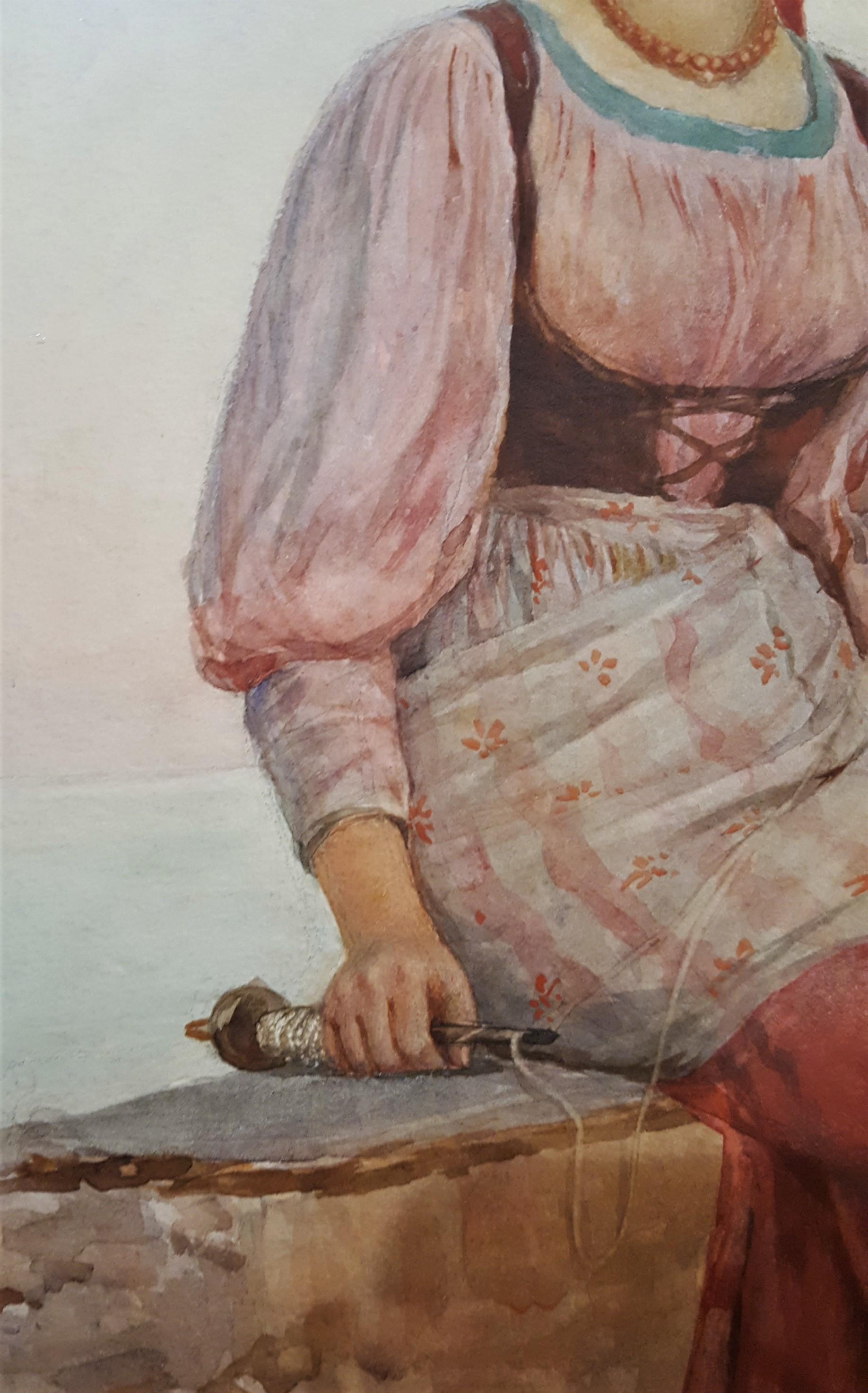 Young Italian Woman Spinning Thread /// Antique Watercolor Rome Lady Landscape For Sale 3
