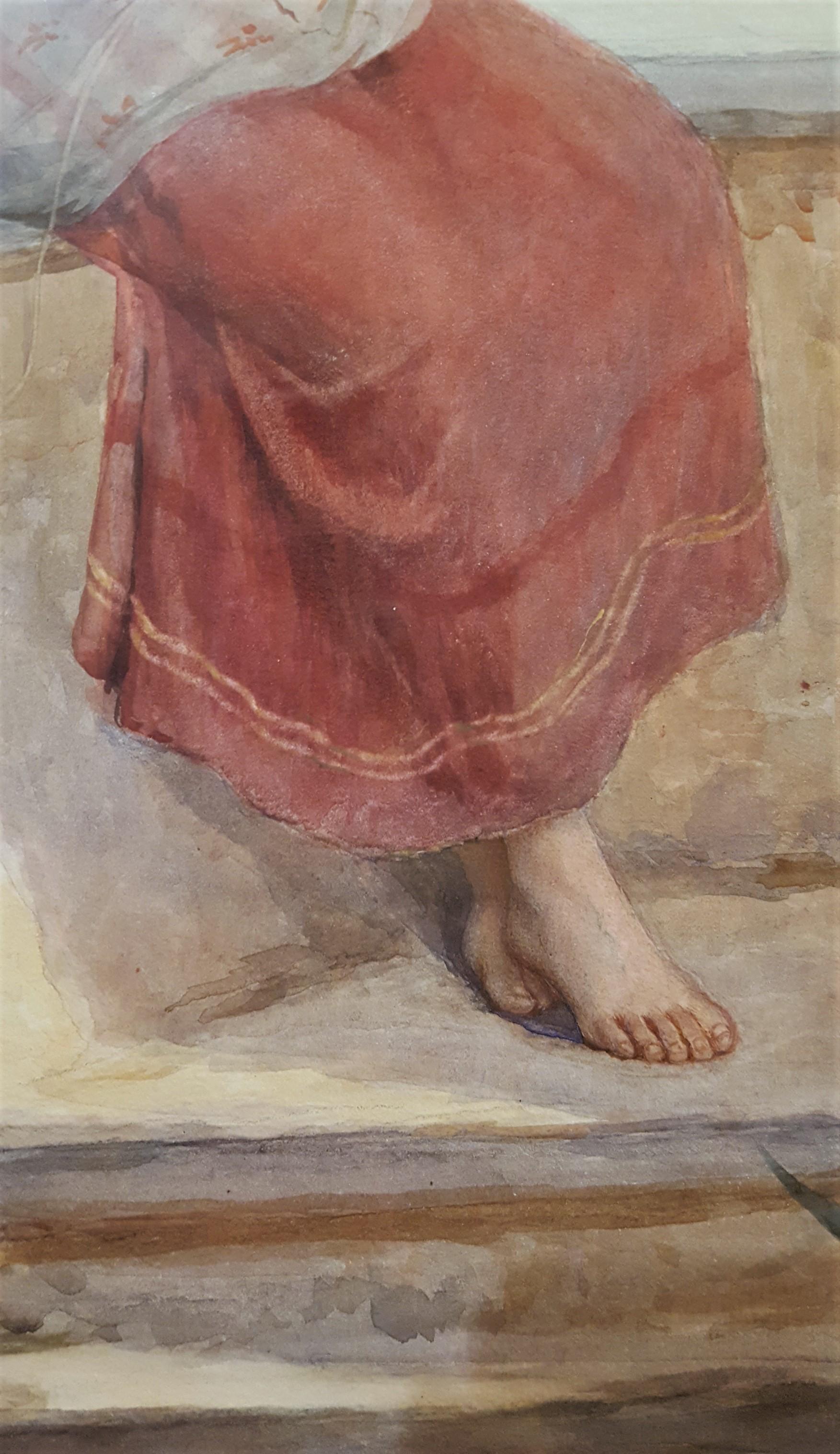 Young Italian Woman Spinning Thread /// Antique Watercolor Rome Lady Landscape For Sale 4