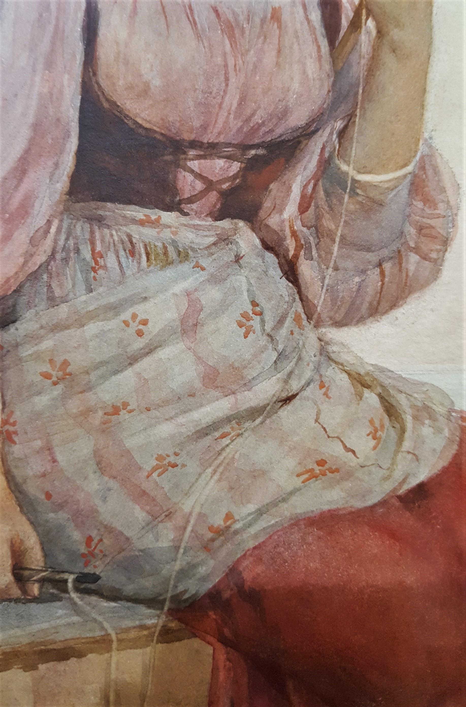Young Italian Woman Spinning Thread /// Antique Watercolor Rome Lady Landscape For Sale 6