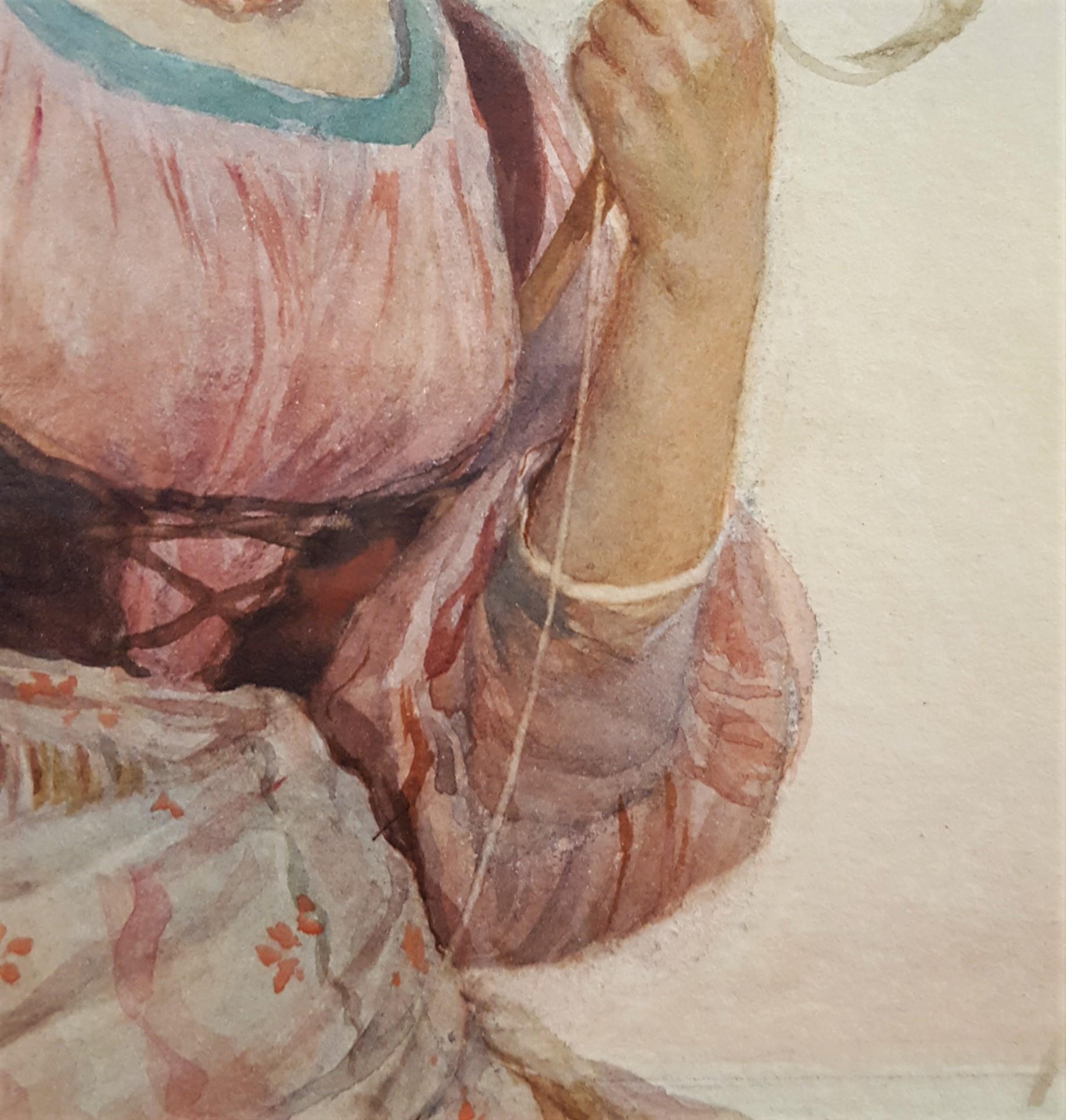 Junge italienische Frau, die Fäden spinnt /// Antikes Aquarell Rom Frau-Landschaft 10