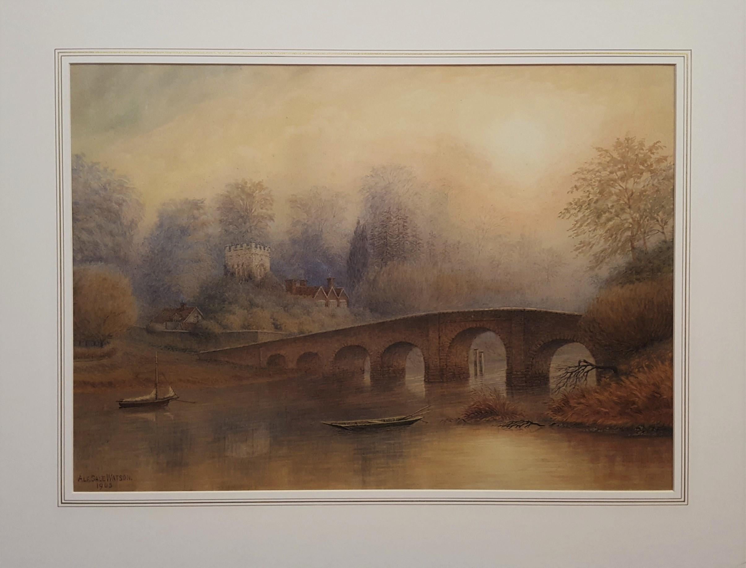 Bridge at Sonning an der Themse /// Antike britische Aquarellbogen-Architektur  – Art von Alfred Sale Watson