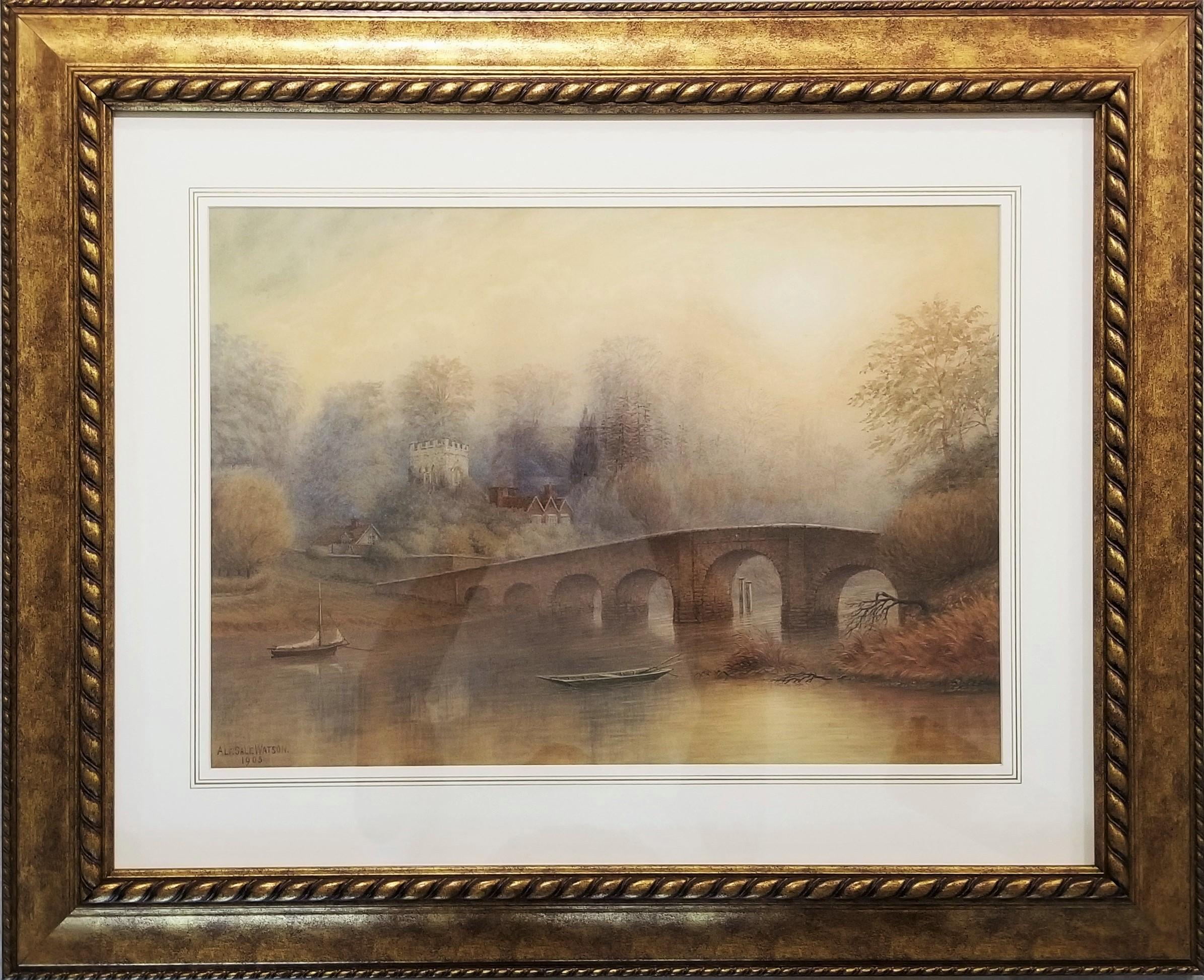 Bridge at Sonning an der Themse /// Antike britische Aquarellbogen-Architektur  (Viktorianisch), Art, von Alfred Sale Watson