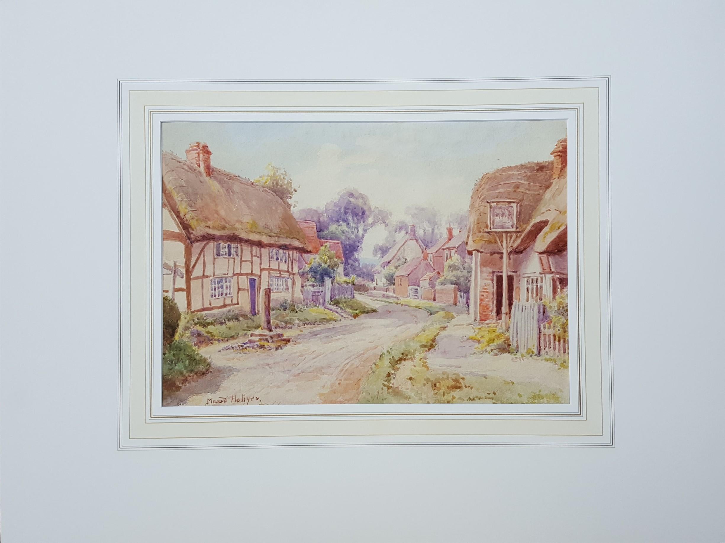 Village de Cotswold, Angleterre /// Antique aquarelle britannique représentant une scène de ville - Art de Maud Hollyer
