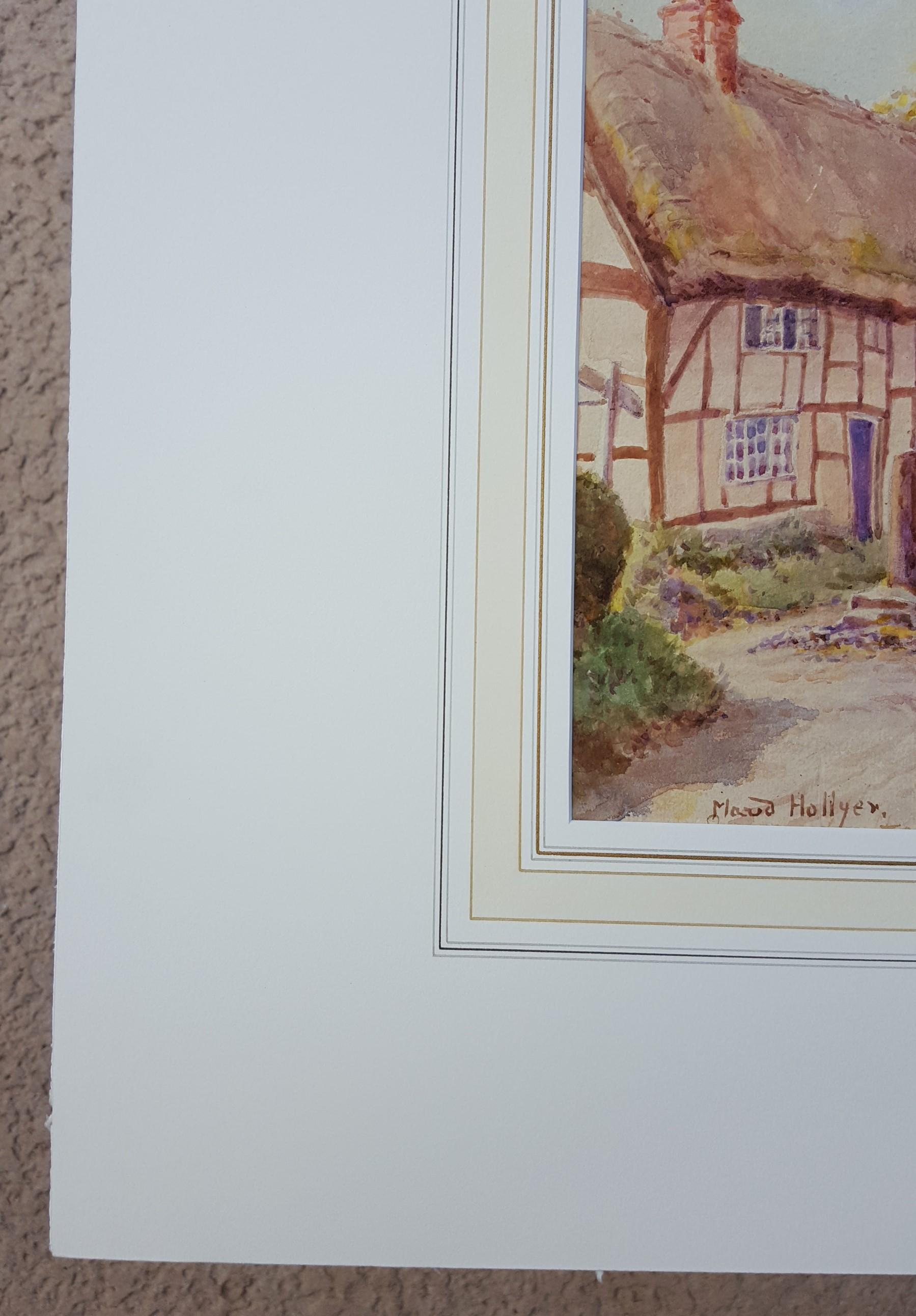 Cotswold Village, England /// Antique British Watercolor City Scene Cottage Art - Gray Landscape Art by Maud Hollyer