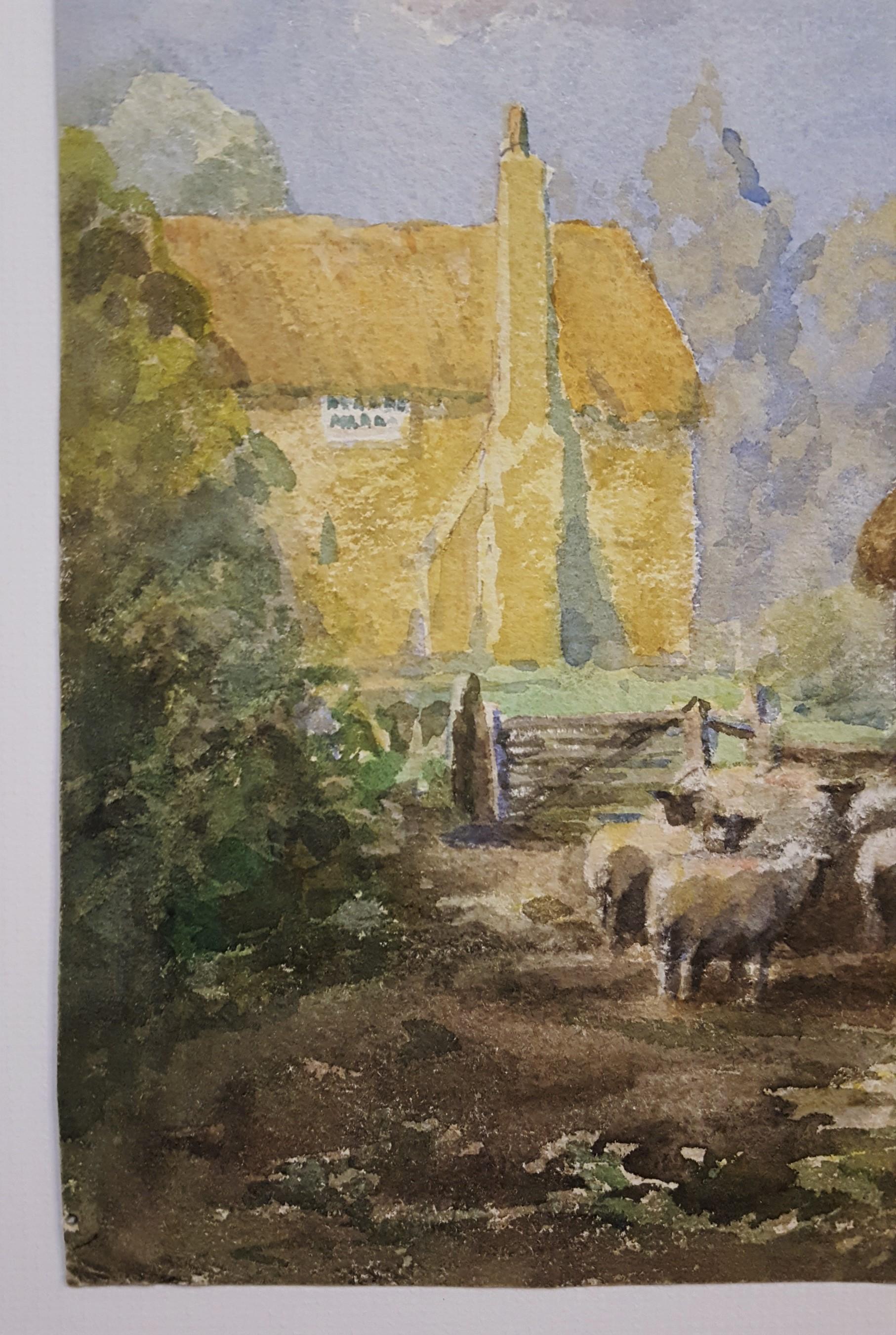 Aquarelle d'art anglaise d'une ferme de moutons du Cambridgeshire /// - Victorien Art par John Arthur Dees