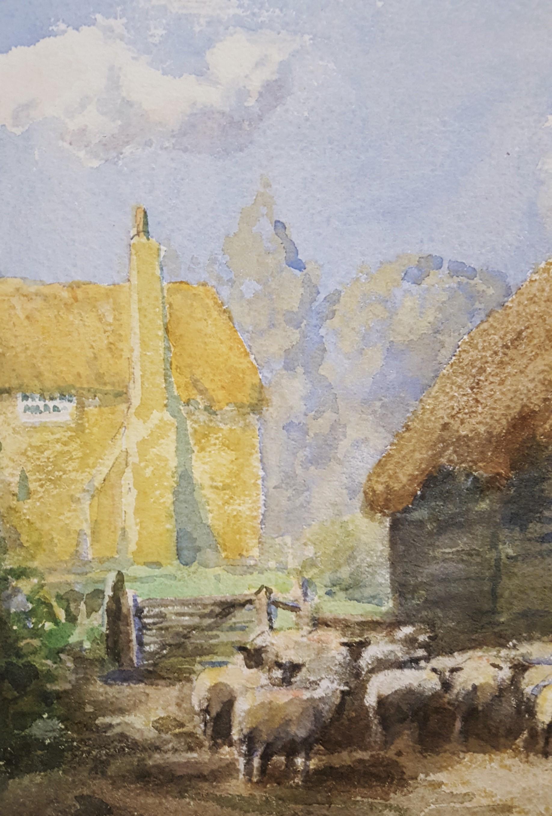 In Cambridgeshire /// British English Sheep Farm Cottage Village Watercolor Art For Sale 4