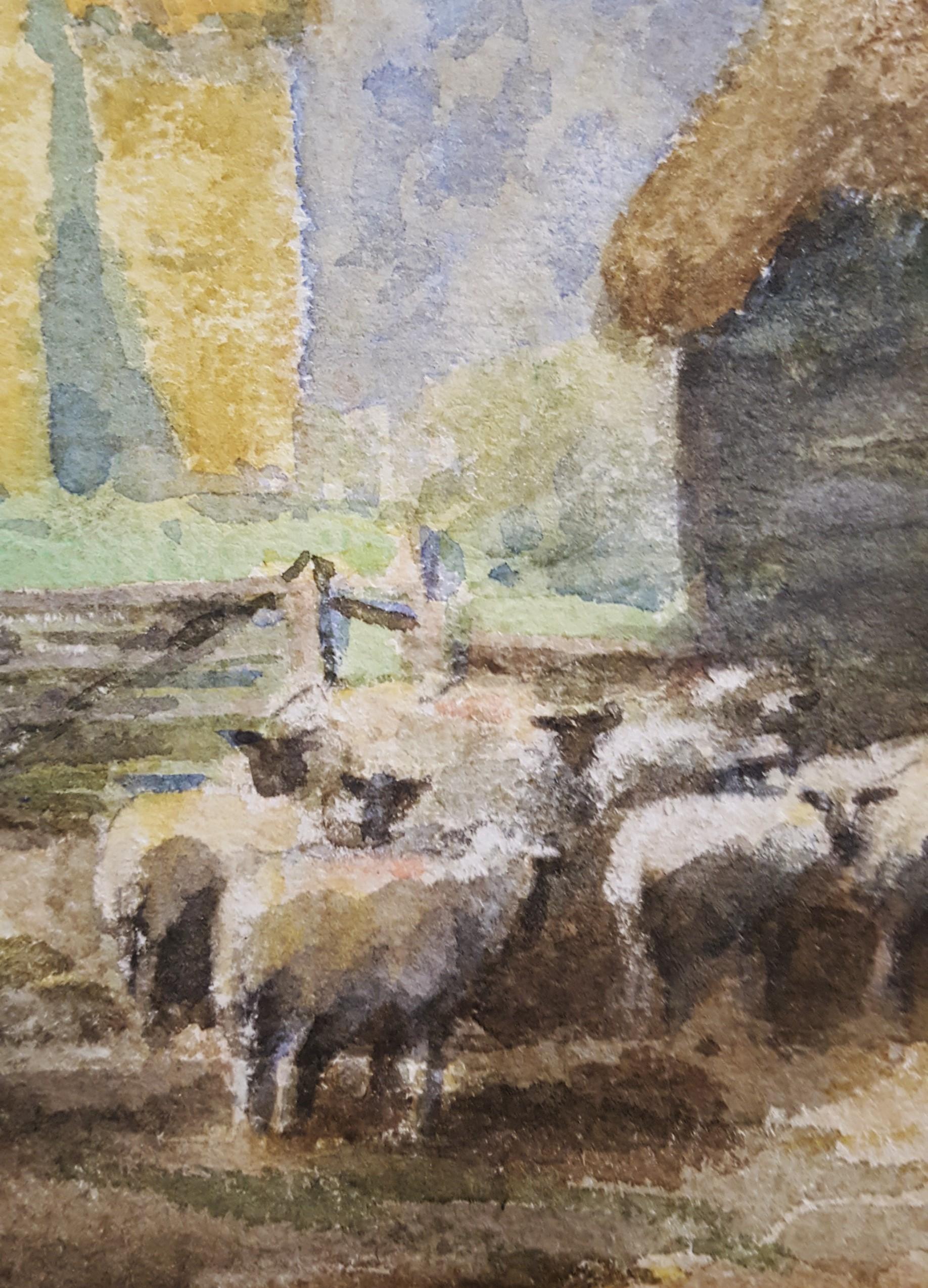 In Cambridgeshire /// British English Sheep Farm Cottage Village Watercolor Art For Sale 5