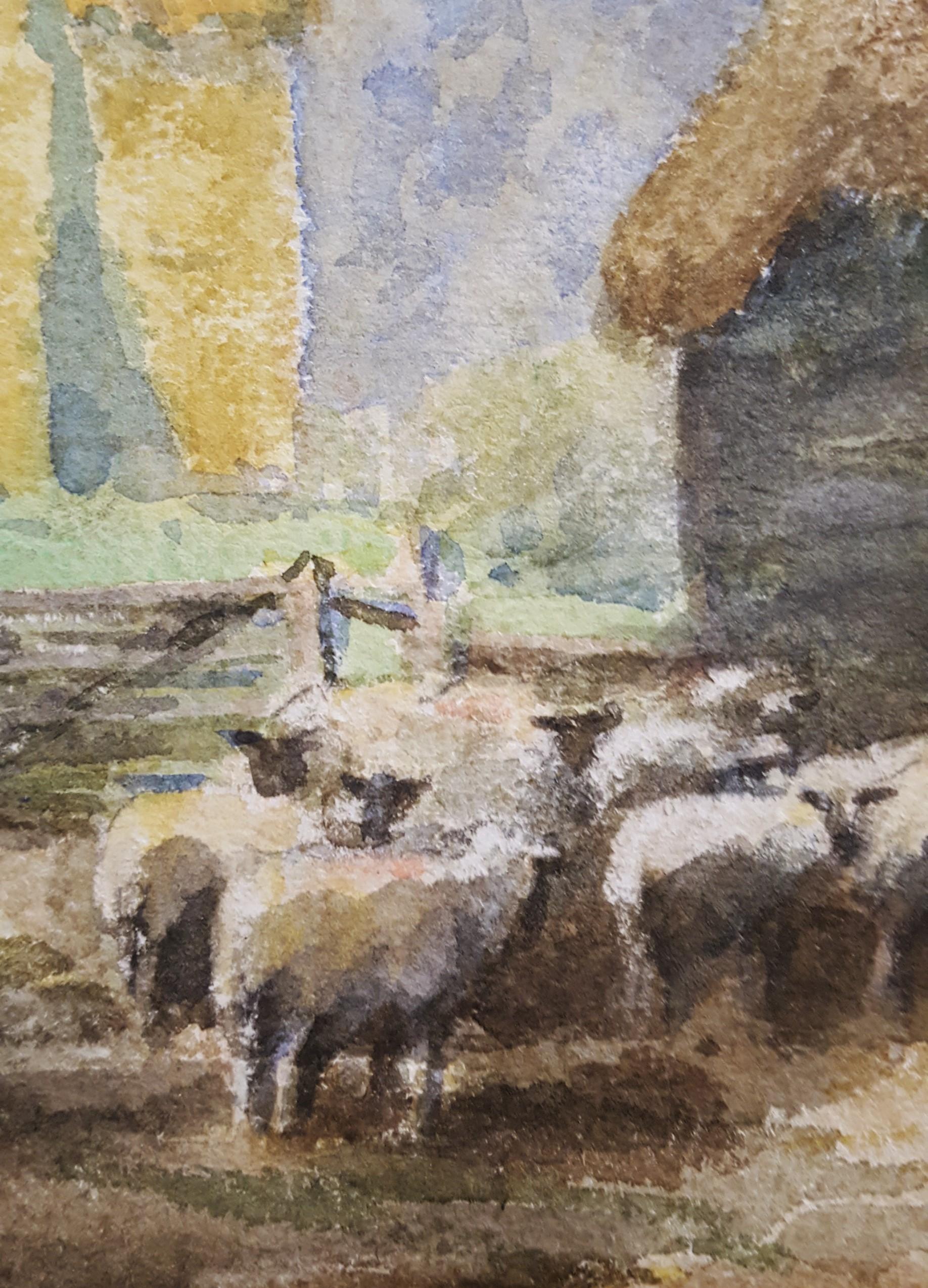 In Cambridgeshire /// British English Sheep Farm Cottage Village Aquarellkunst in Cambridgeshire im Angebot 6