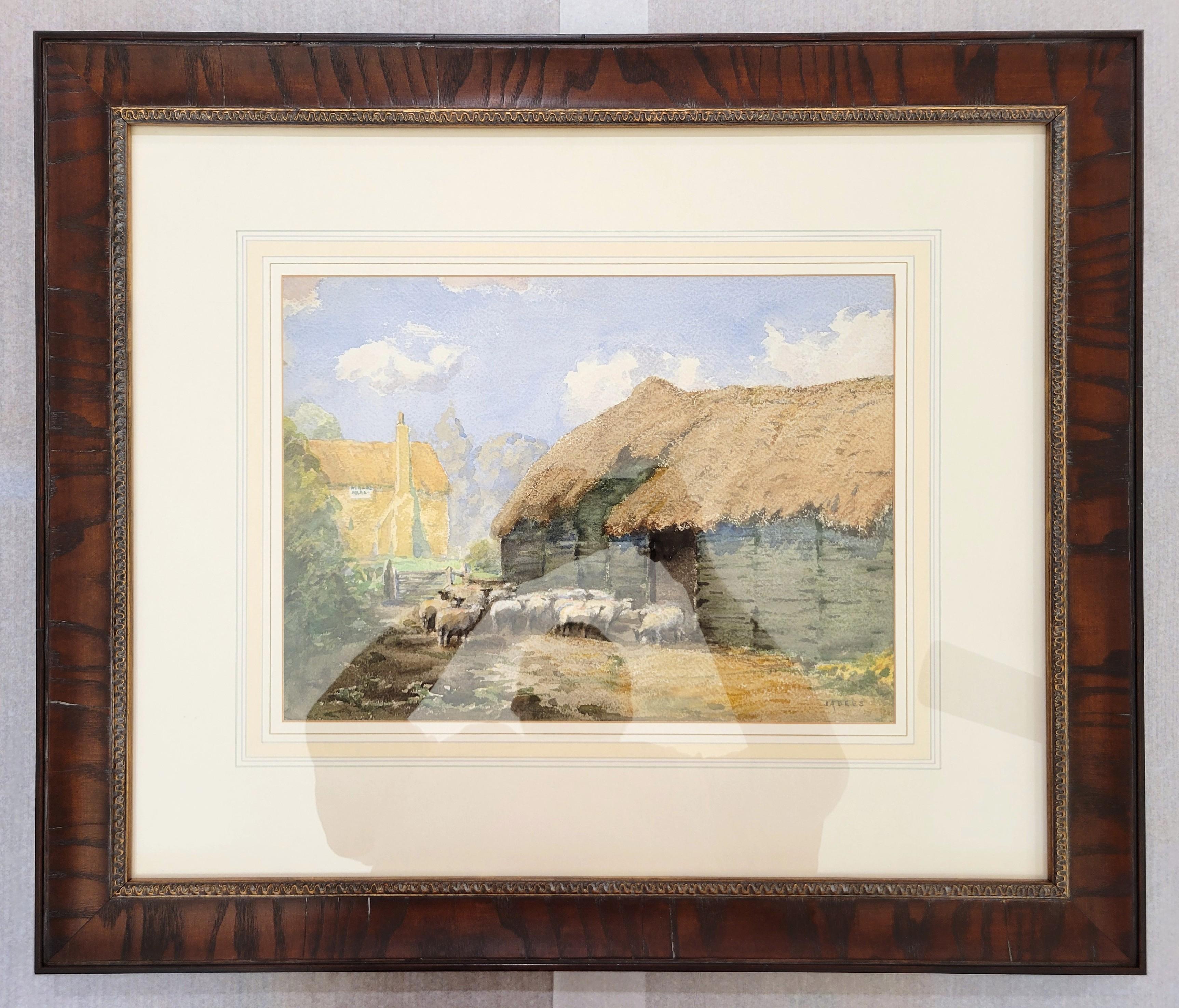 Aquarelle d'art anglaise d'une ferme de moutons du Cambridgeshire /// - Victorien Art par John Arthur Dees