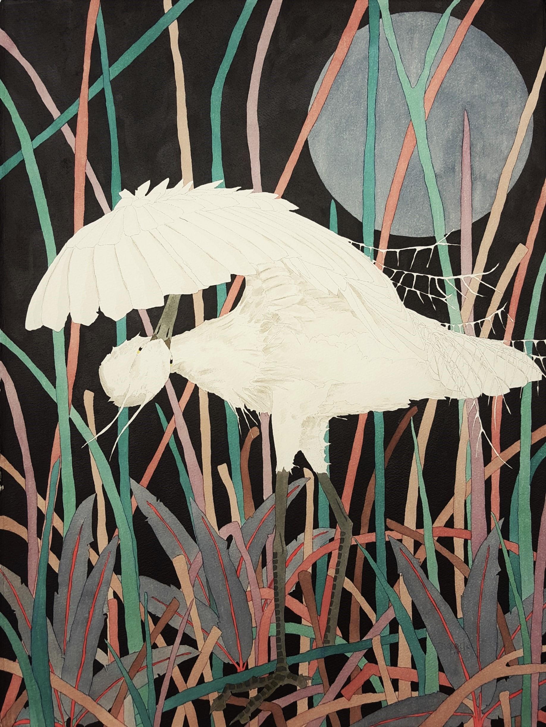 Dan Goad Animal Art - Snowy Egret /// Contemporary Wildlife Bird Shorebird Ornithology Animal Grass