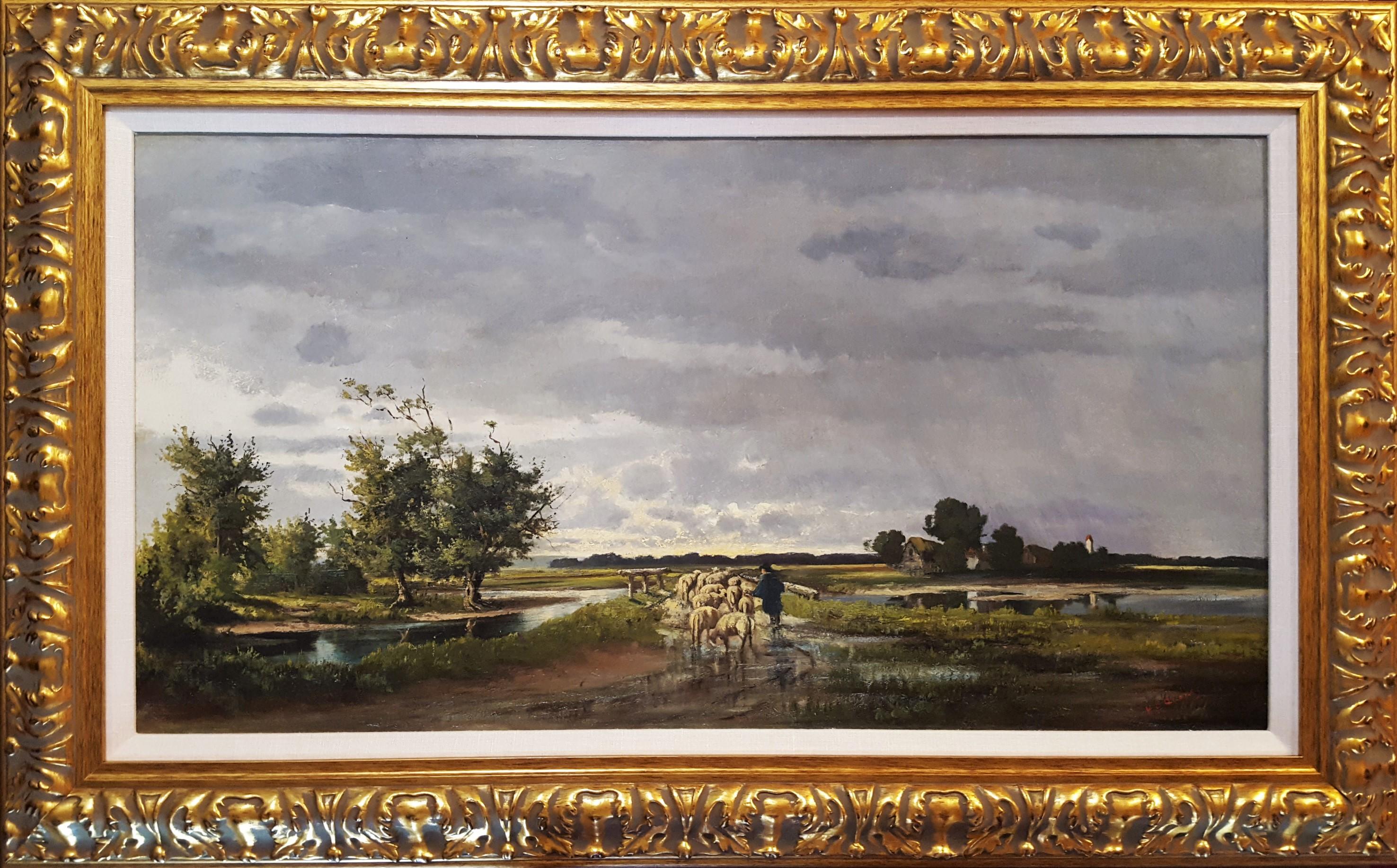 Shepherd with Sheep Pastoral Landscape - Painting by Henrietta S. Quincy 