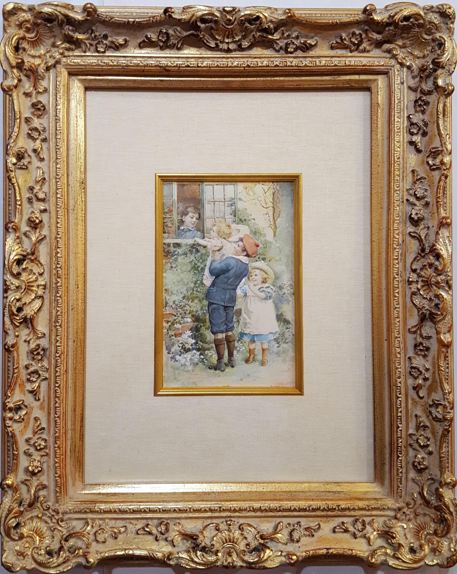 Children Playing with the Baby /// Victorian Watercolor British Flowers Cottage - Art by Ada L. Dennis