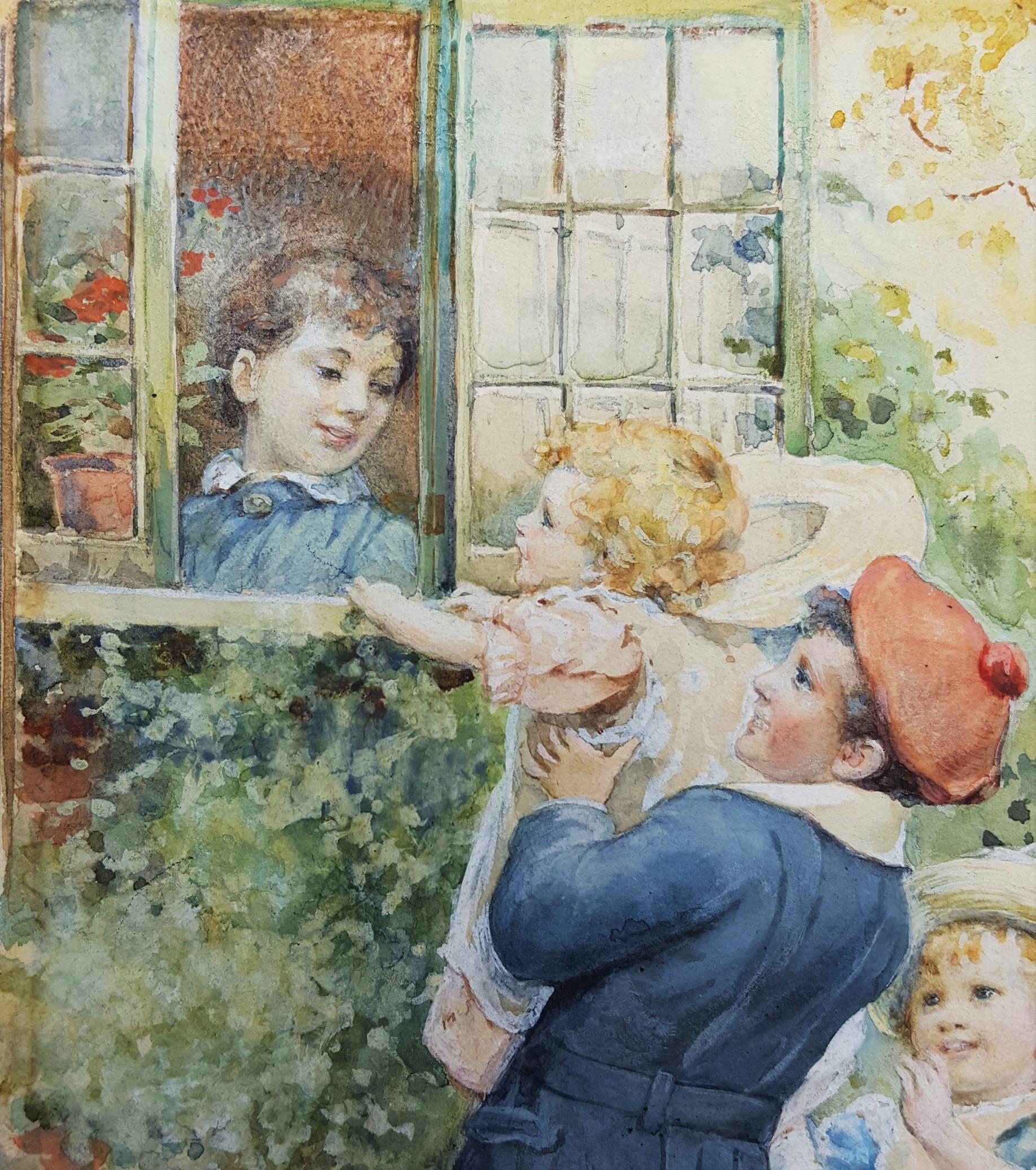 Kinder beim Spielen mit dem Baby /// viktorianisches Aquarell britische Blumenhaus (Grau), Figurative Art, von Ada L. Dennis