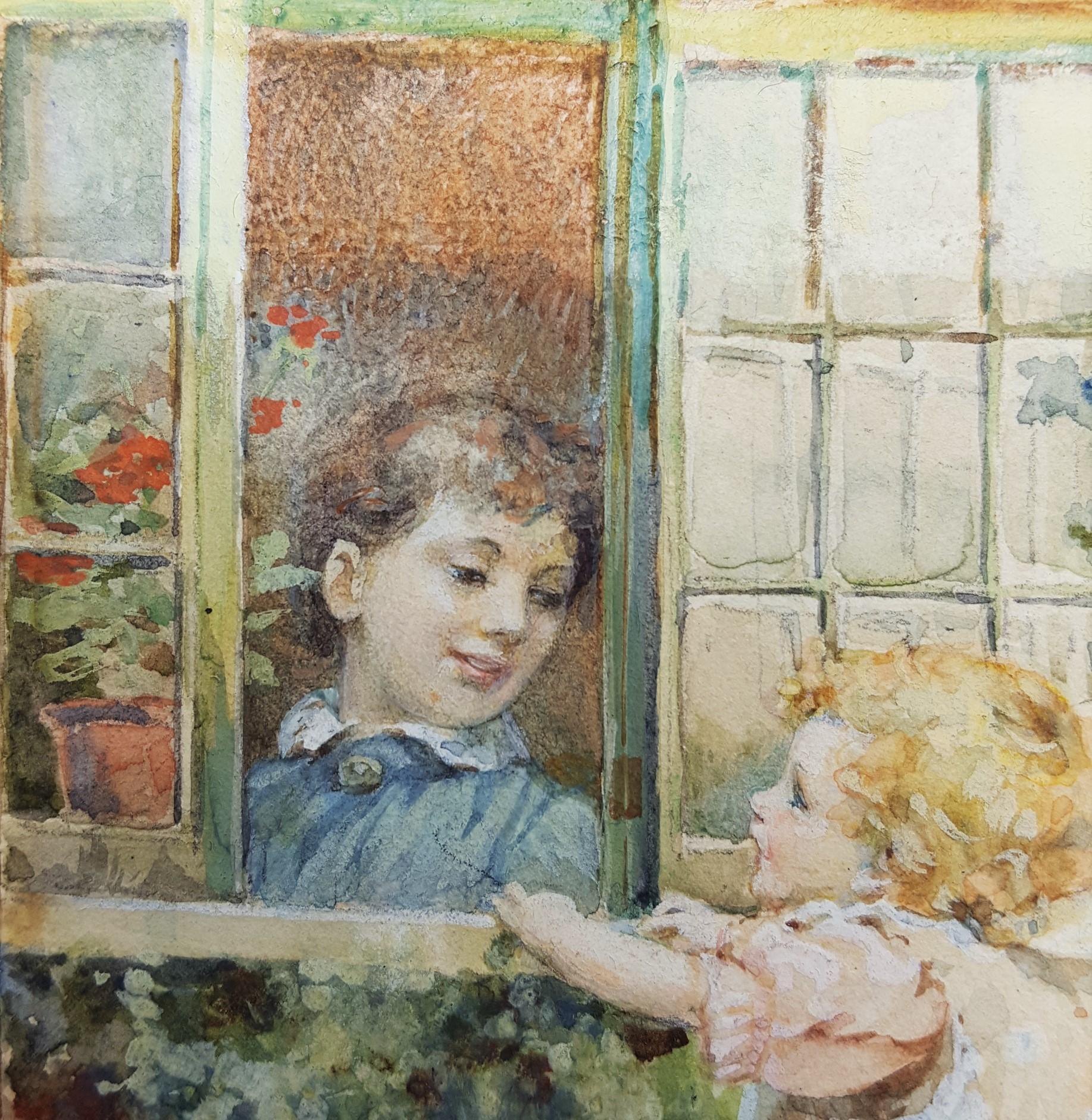 Children Playing with the Baby /// Victorian Watercolor British Flowers Cottage - Gray Figurative Art by Ada L. Dennis