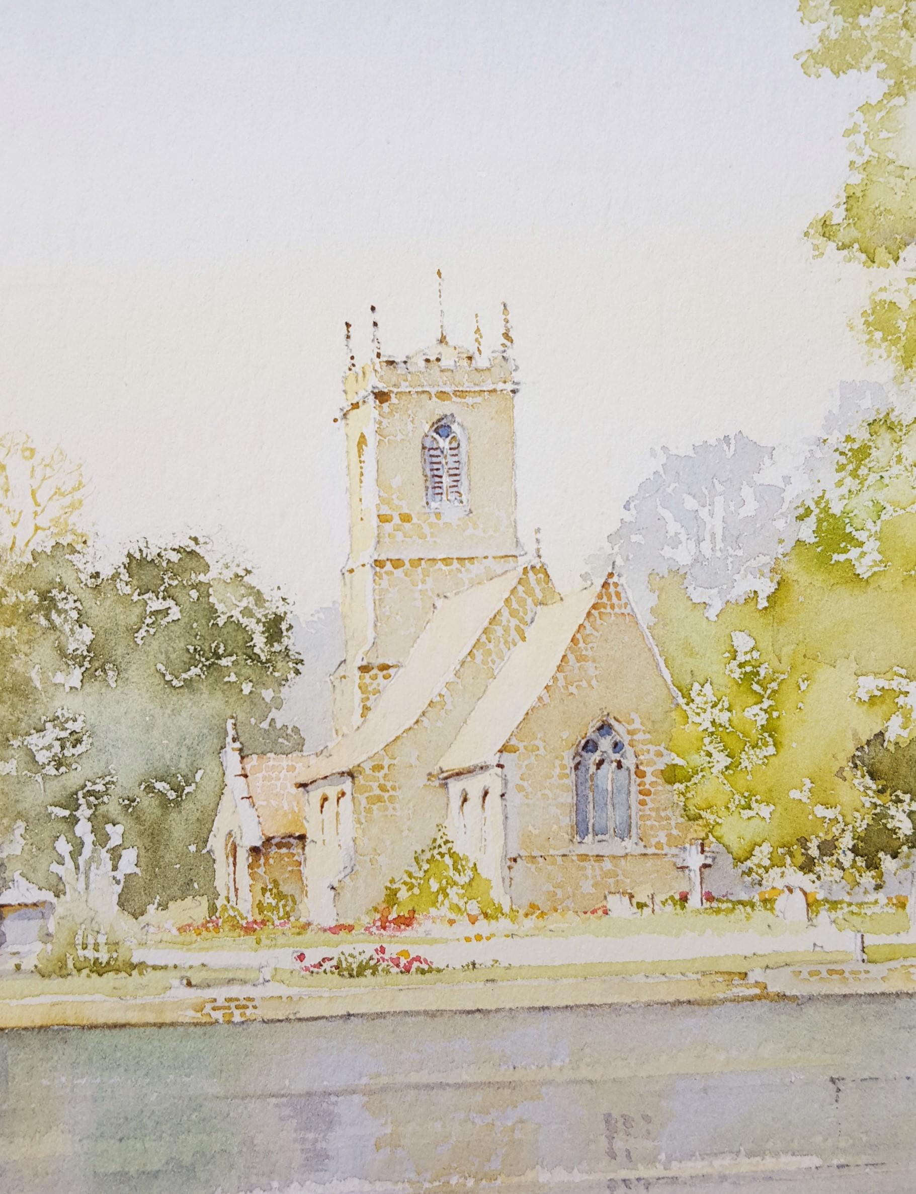 Near Grassington, West Yorkshire, UK /// Contemporary British Watercolor Church  For Sale 3