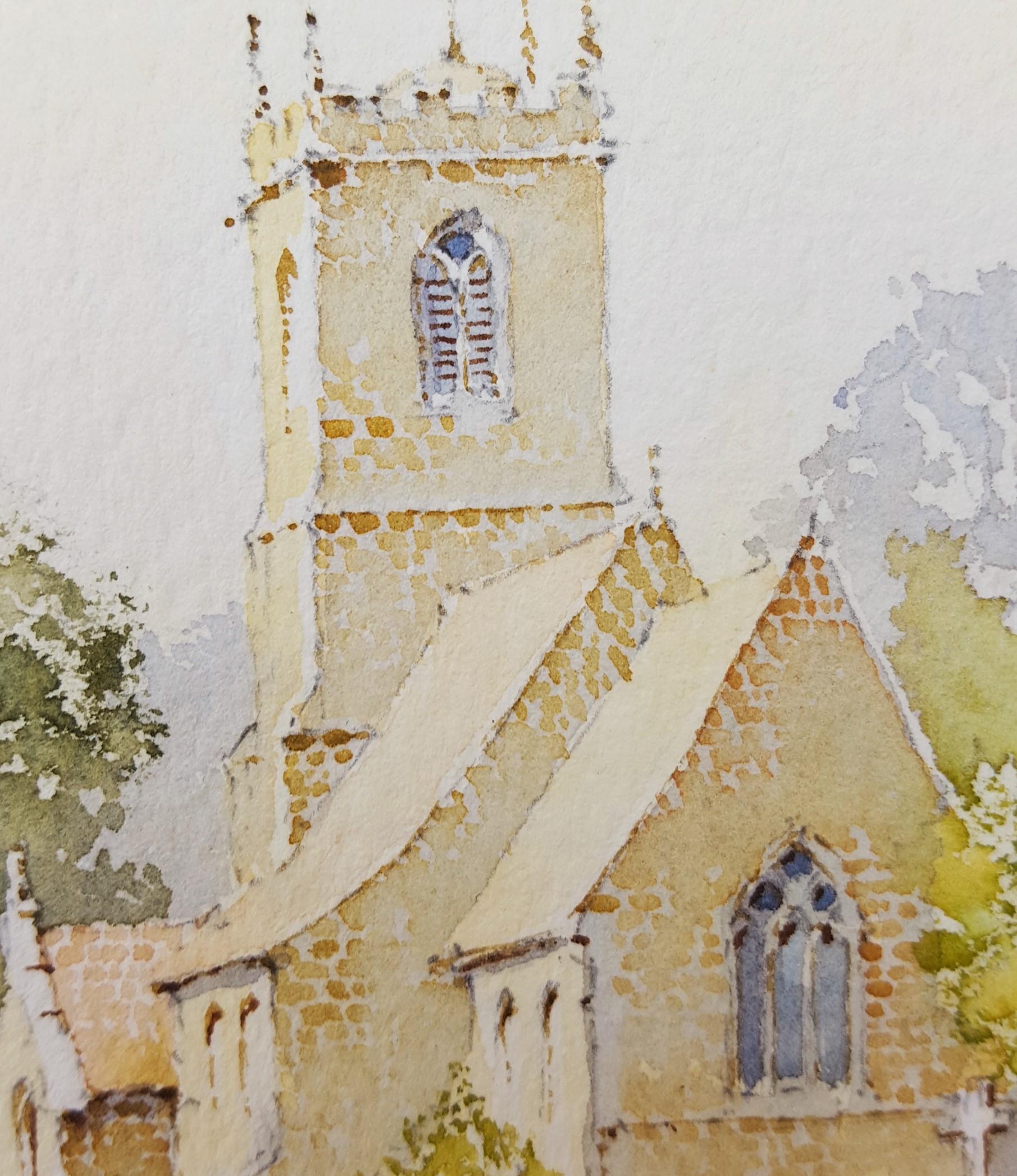 Cerca de Grassington, West Yorkshire, Reino Unido /// Iglesia británica contemporánea de acuarela en venta 6