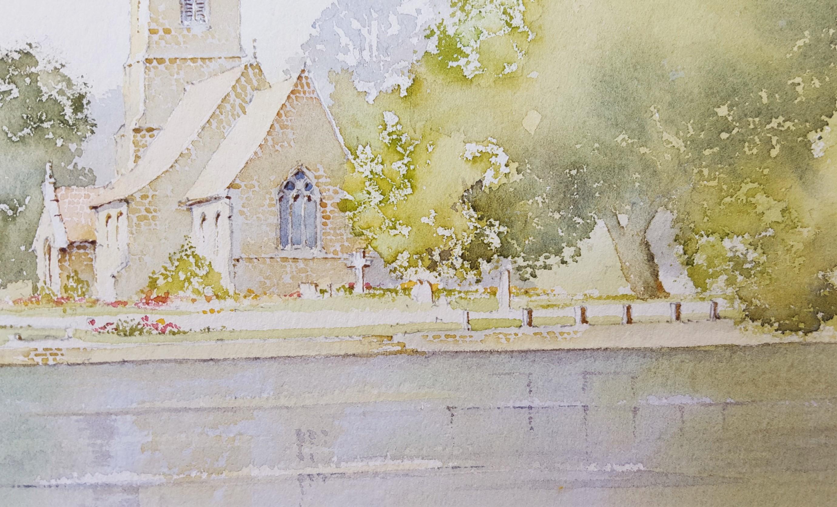 Cerca de Grassington, West Yorkshire, Reino Unido /// Iglesia británica contemporánea de acuarela en venta 9