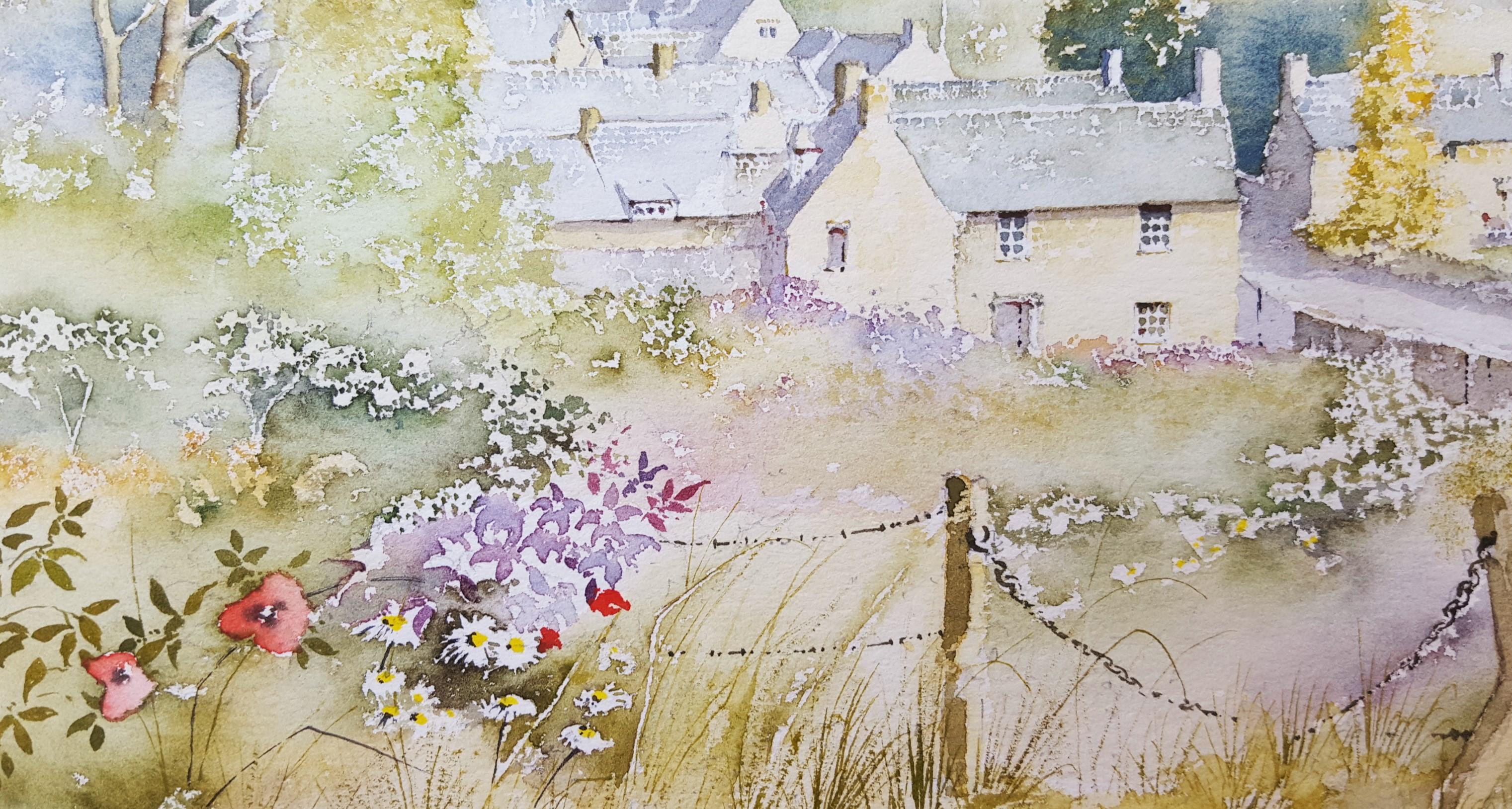 Naunton, Gloucestershire, Reino Unido /// Escena de pueblo británica contemporánea en acuarela en venta 9