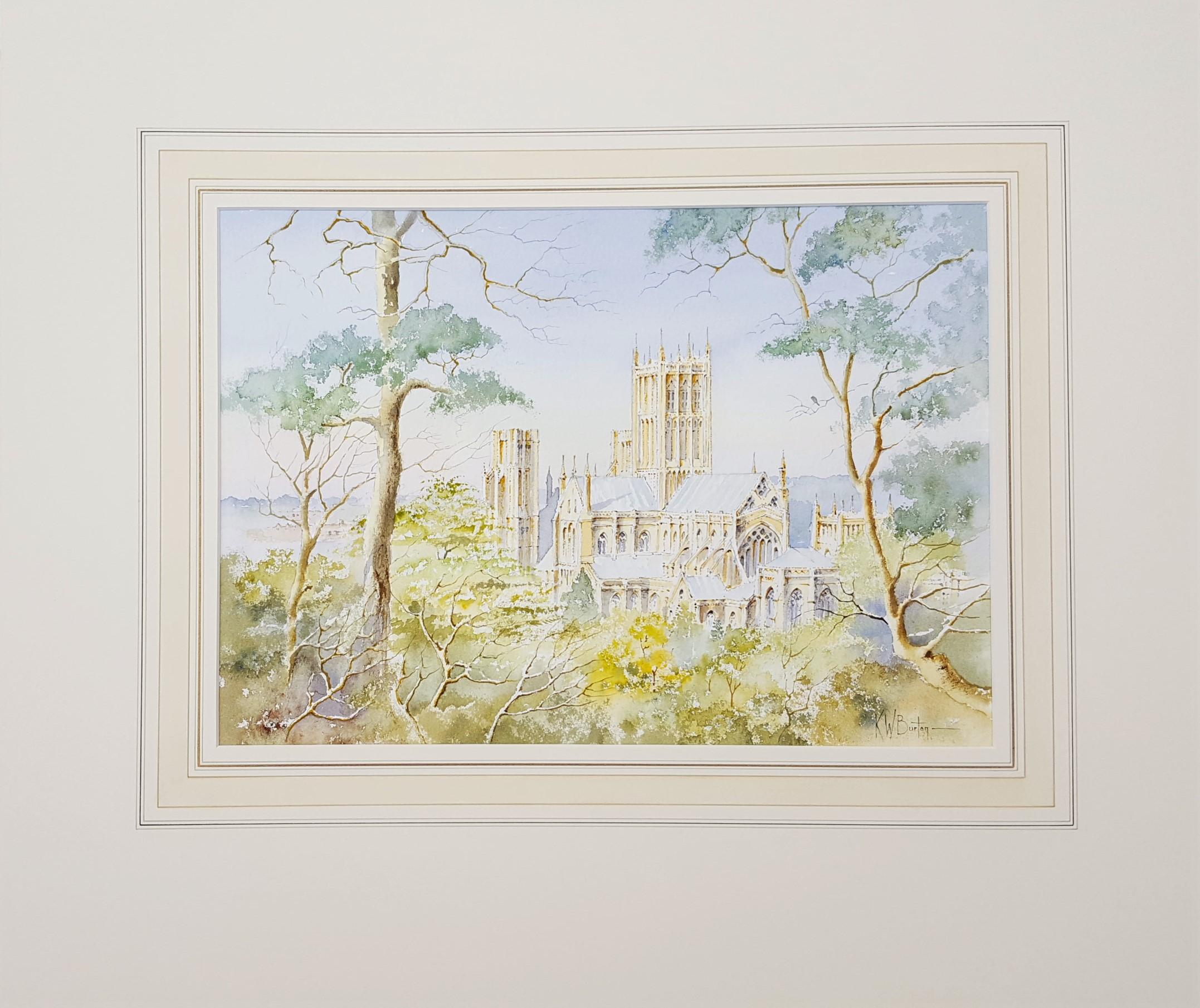 Cathédrale de Wells, Wells, UK /// Aquarelle contemporaine Scène de ville d'une église britannique - Art de Ken Burton