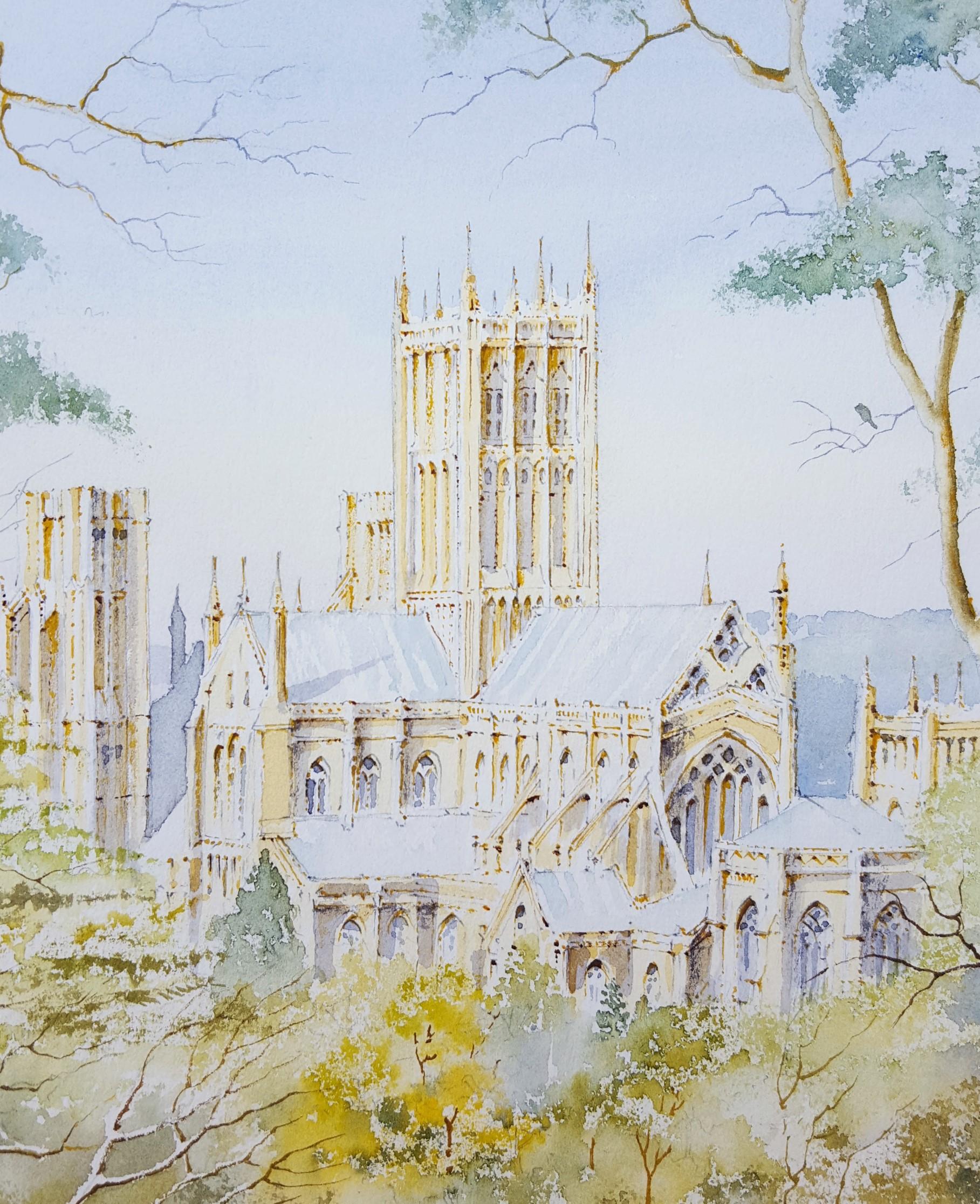 Wells Cathedral, Wells, UK /// Contemporary Watercolor British Church City Scene For Sale 4