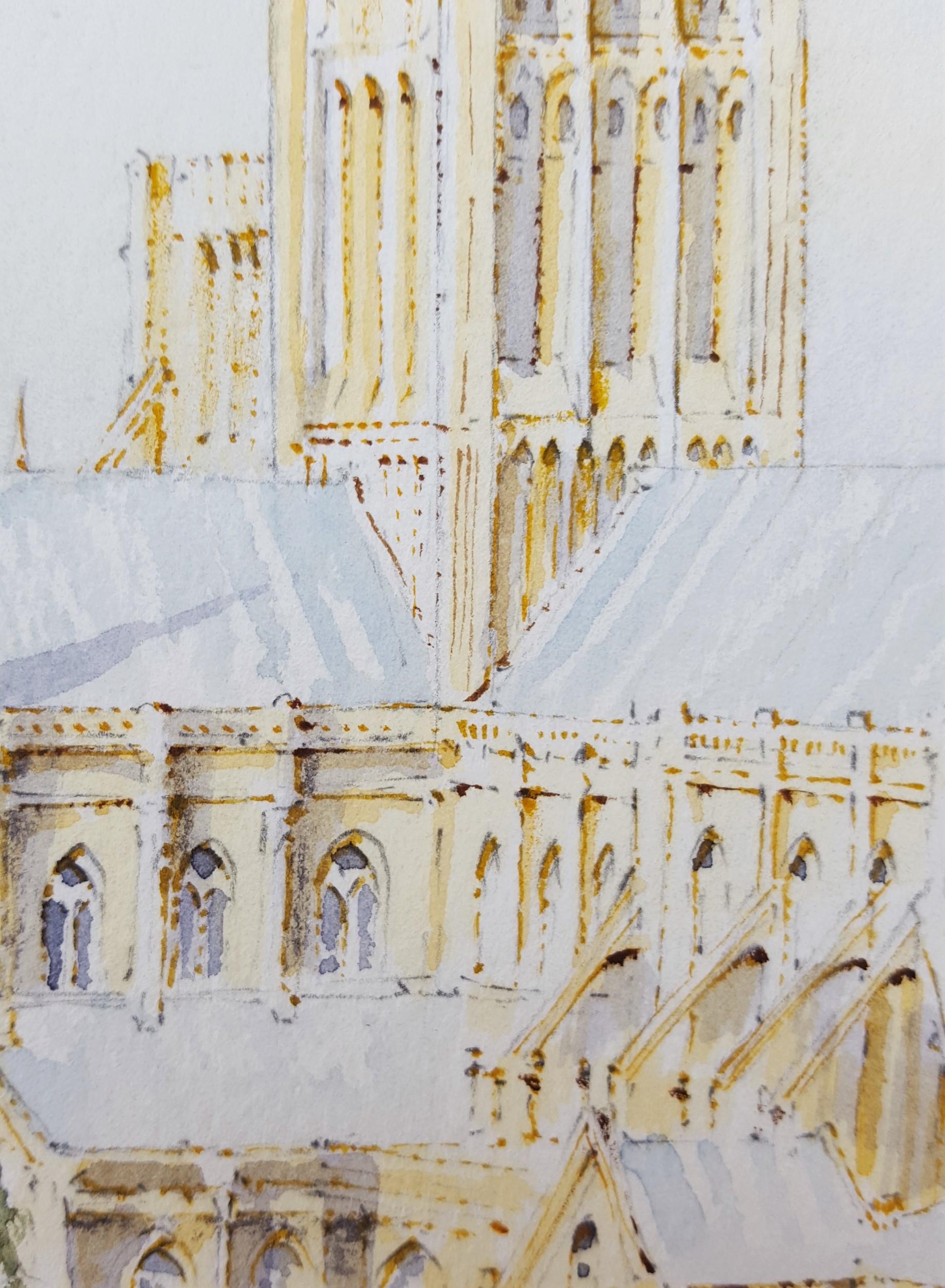 Wells Cathedral, Wells, UK /// Contemporary Watercolor British Church City Scene For Sale 5