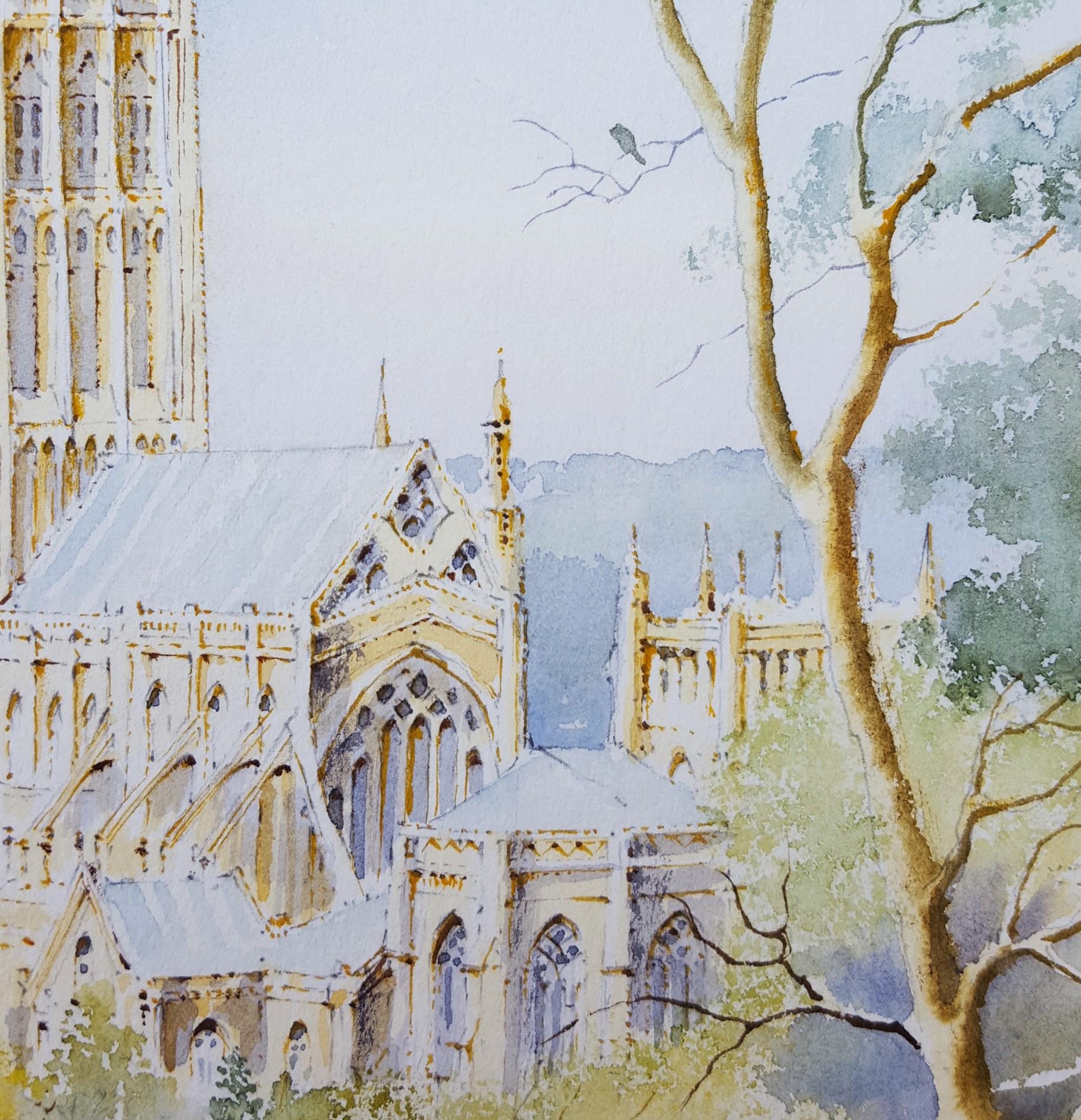 Cathédrale de Wells, Wells, UK /// Aquarelle contemporaine Scène de ville d'une église britannique en vente 7