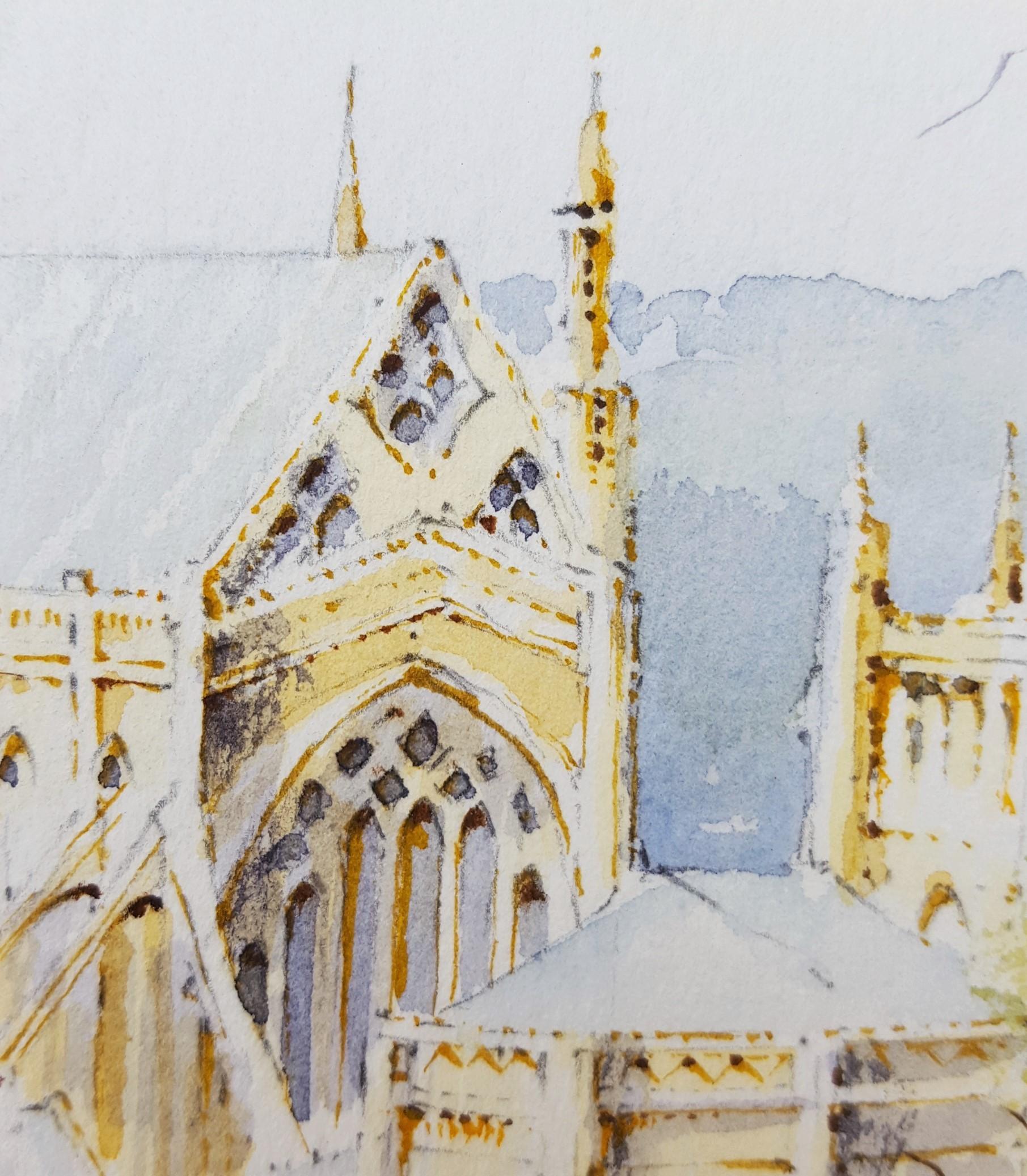 Wells Cathedral, Wells, UK /// Contemporary Watercolor British Church City Scene For Sale 7