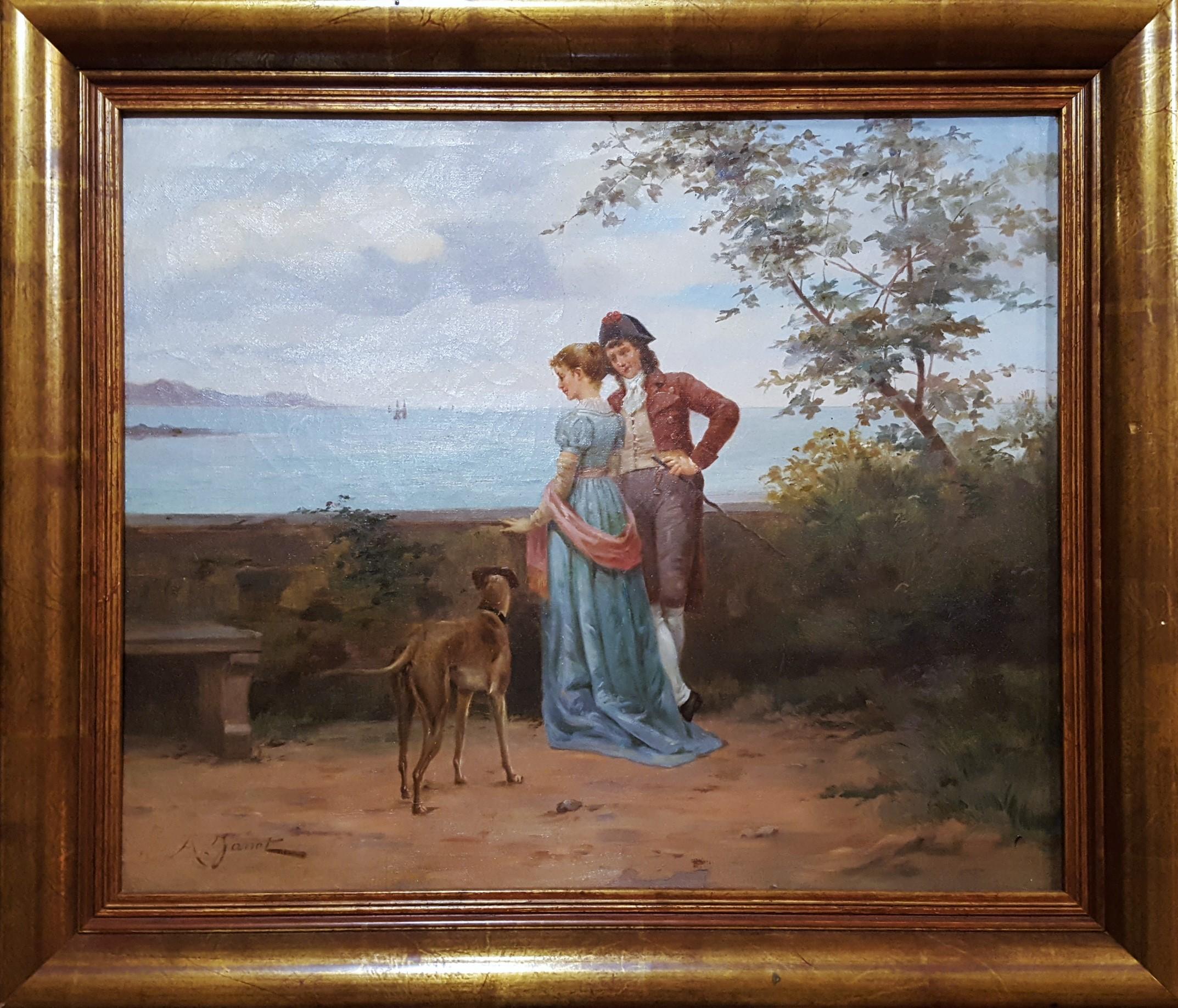 Cavalier with Lady and Dog Seascape - Painting by Ange-Louis Janet