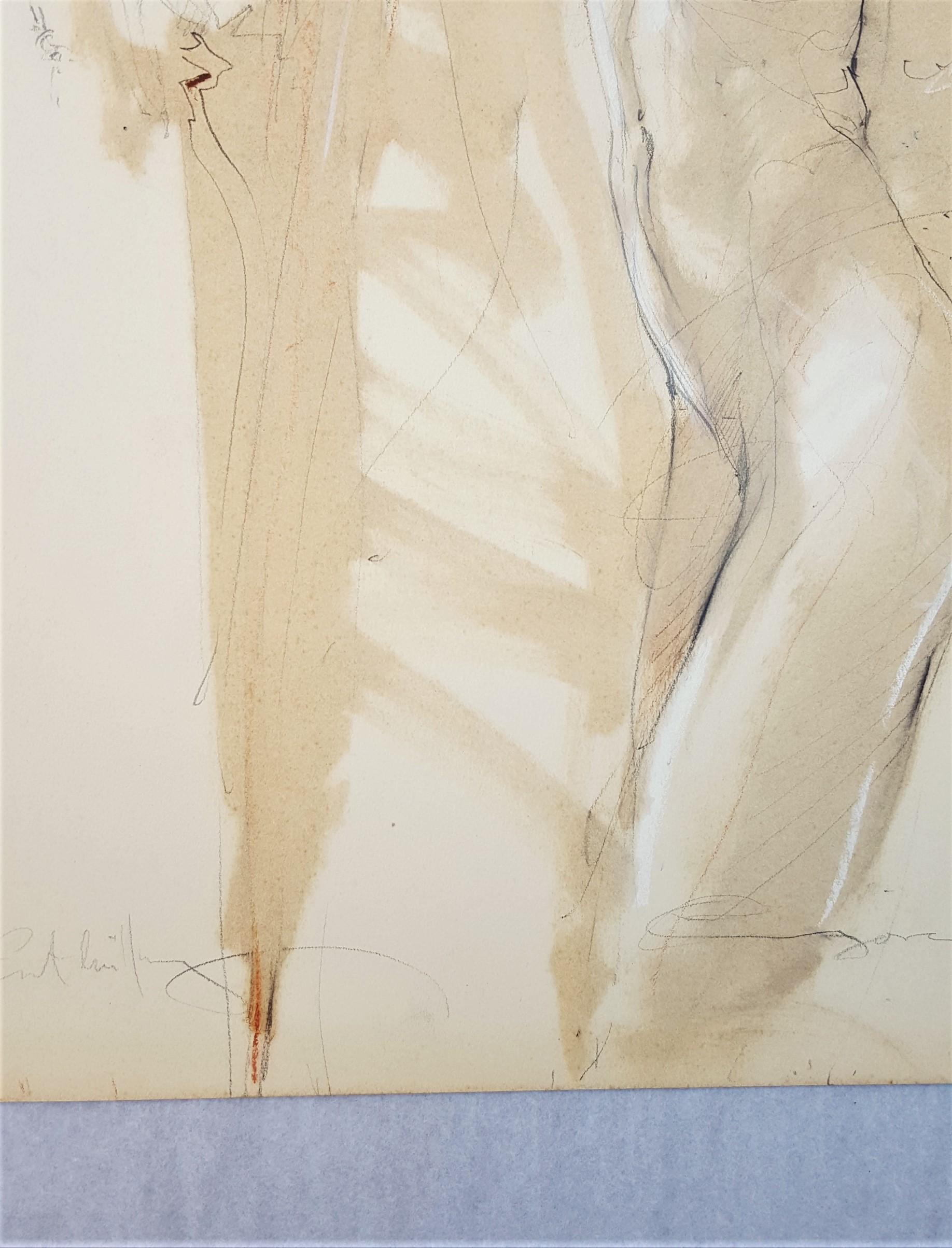 An original signed pencil, colored pencil, pastel, and watercolor on cream Schoellers Parole paper by German artist Jurgen Gorg (1951-) illegibly titled lower left, 1985. Hand pencil signed and dated by Gorg lower right, and titled lower left.