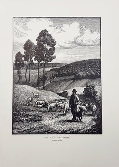 Le Berger (The Shepherd) /// French Impressionist Woodcut Landscape Sheep Farm