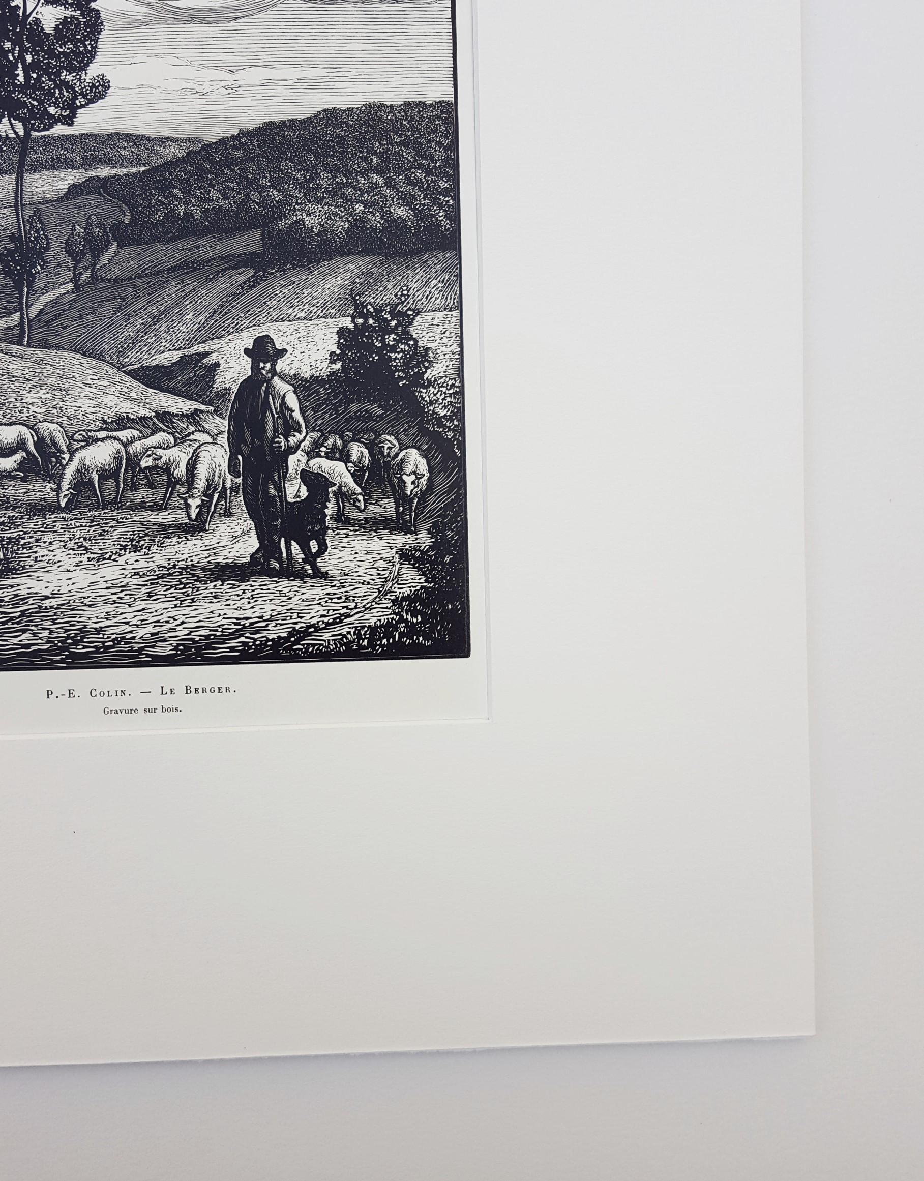 Le Berger (The Shepherd) /// French Impressionist Woodcut Landscape Sheep Farm - Black Landscape Print by  Paul-Émile Colin