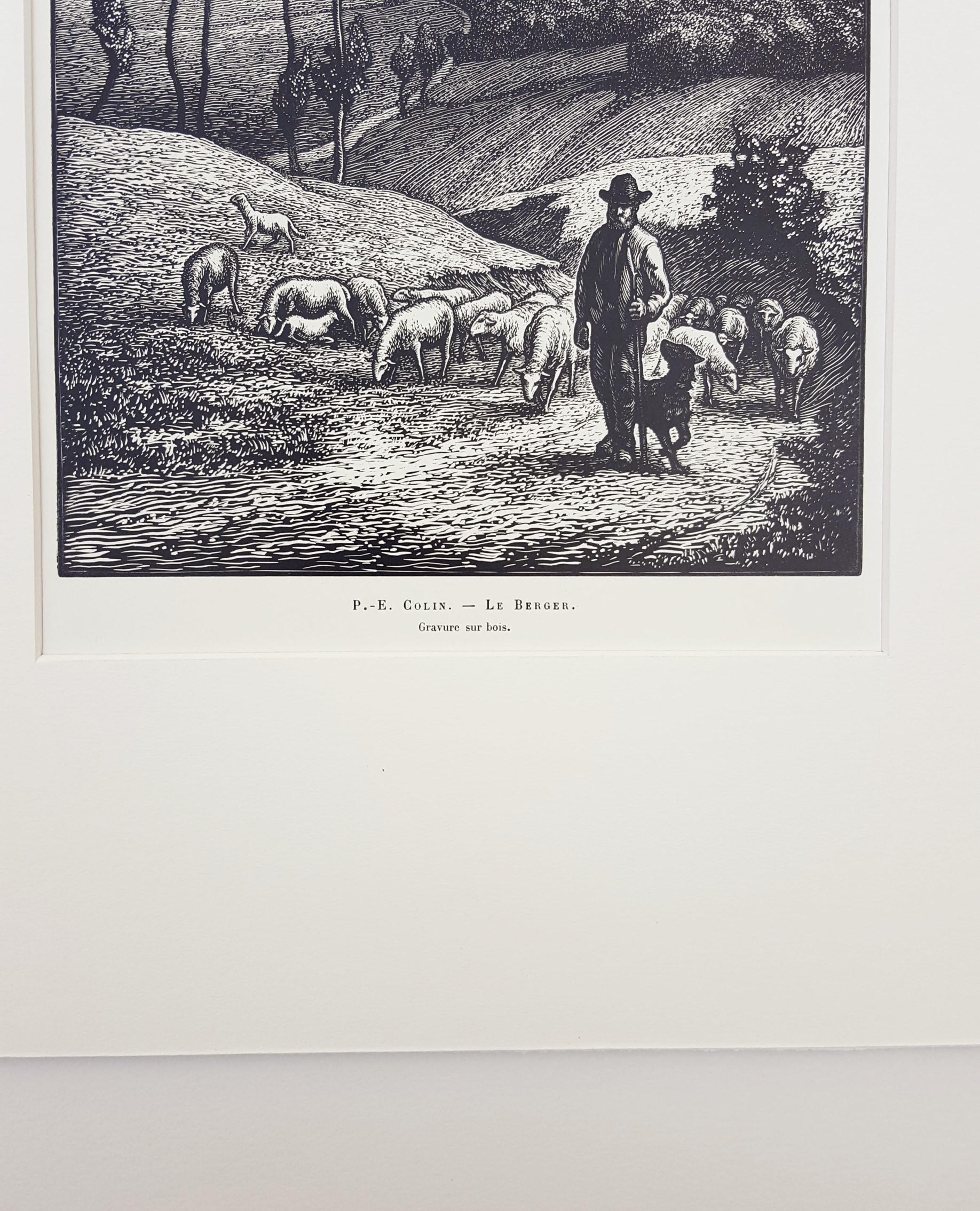 Le Berger (The Shepherd) /// French Impressionist Woodcut Landscape Sheep Farm 1