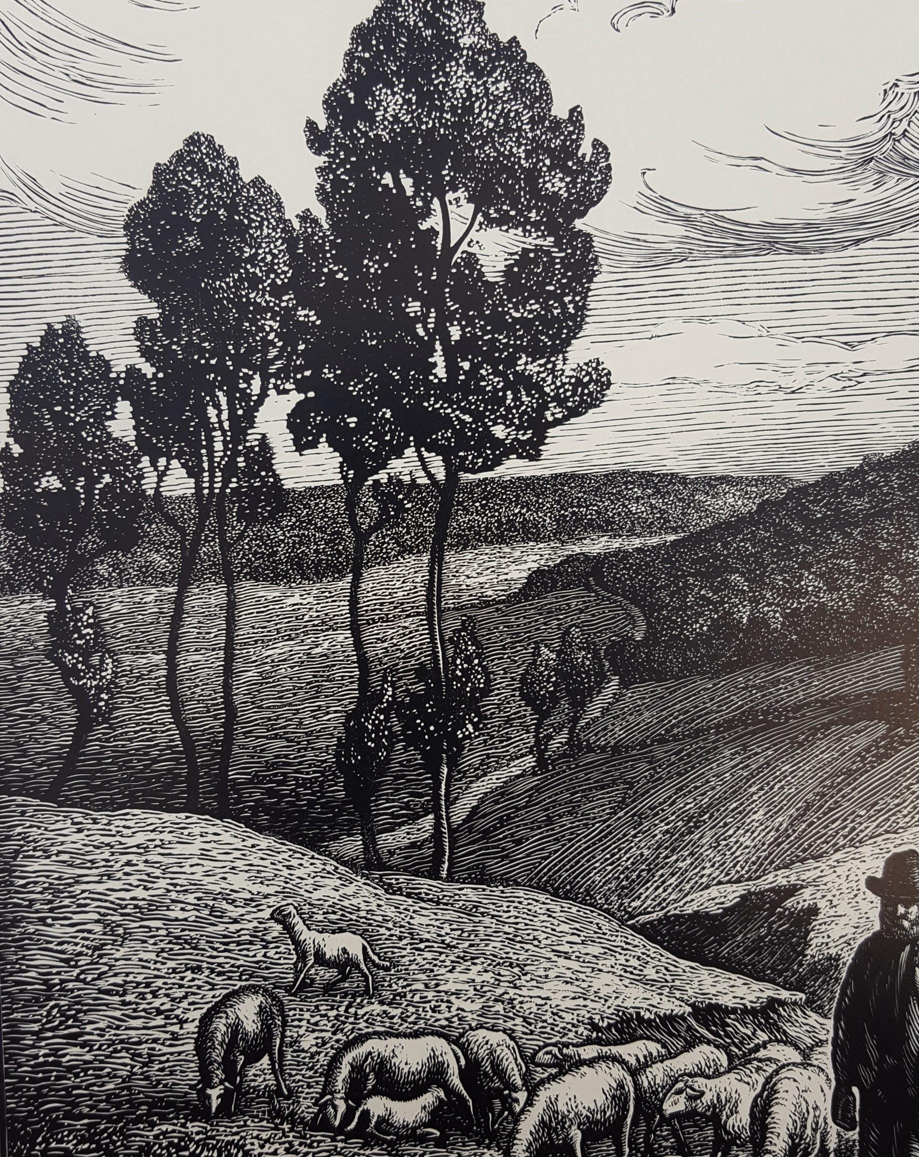 Le Berger (The Shepherd) /// French Impressionist Woodcut Landscape Sheep Farm 2