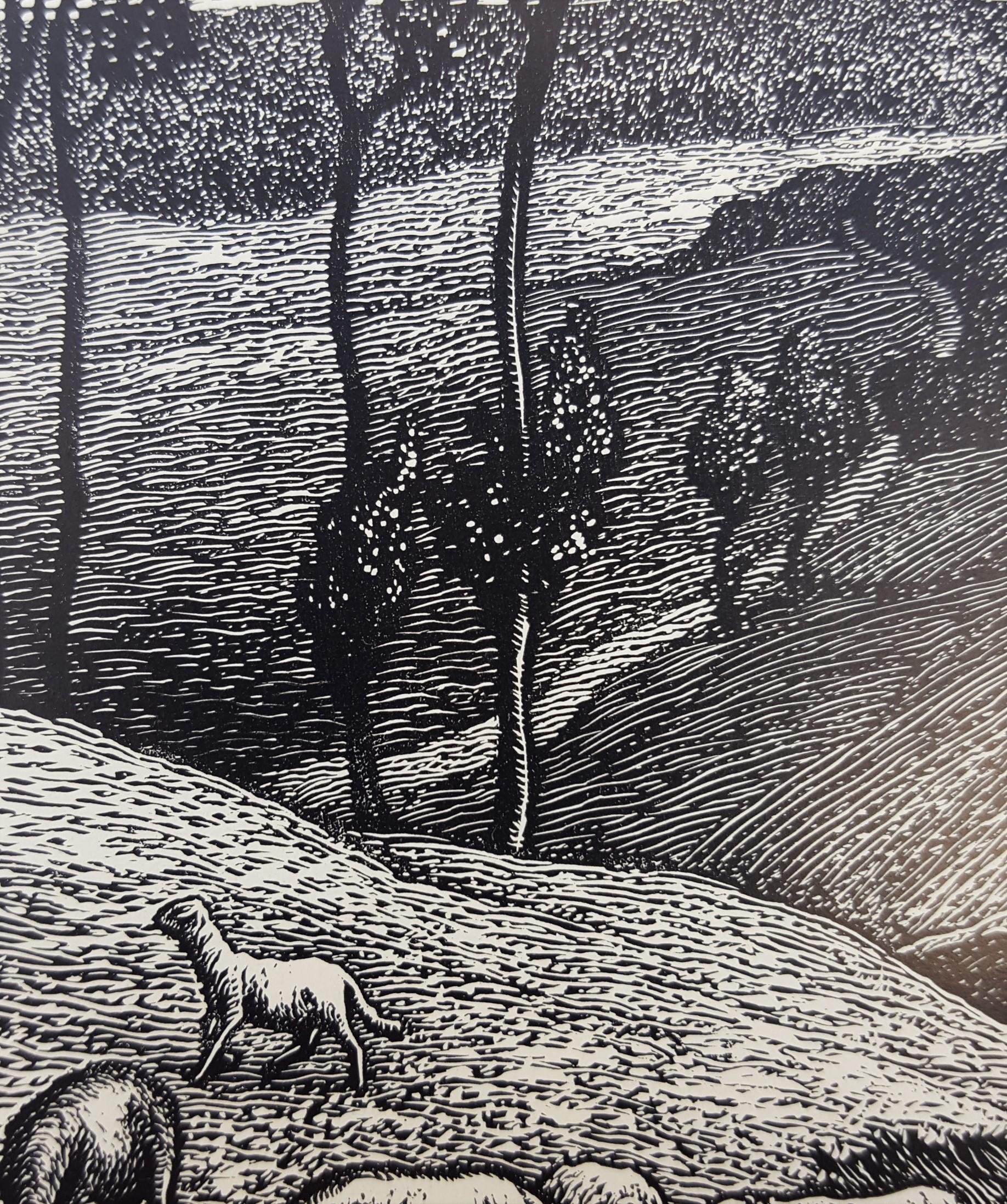 Le Berger (The Shepherd) /// French Impressionist Woodcut Landscape Sheep Farm 3