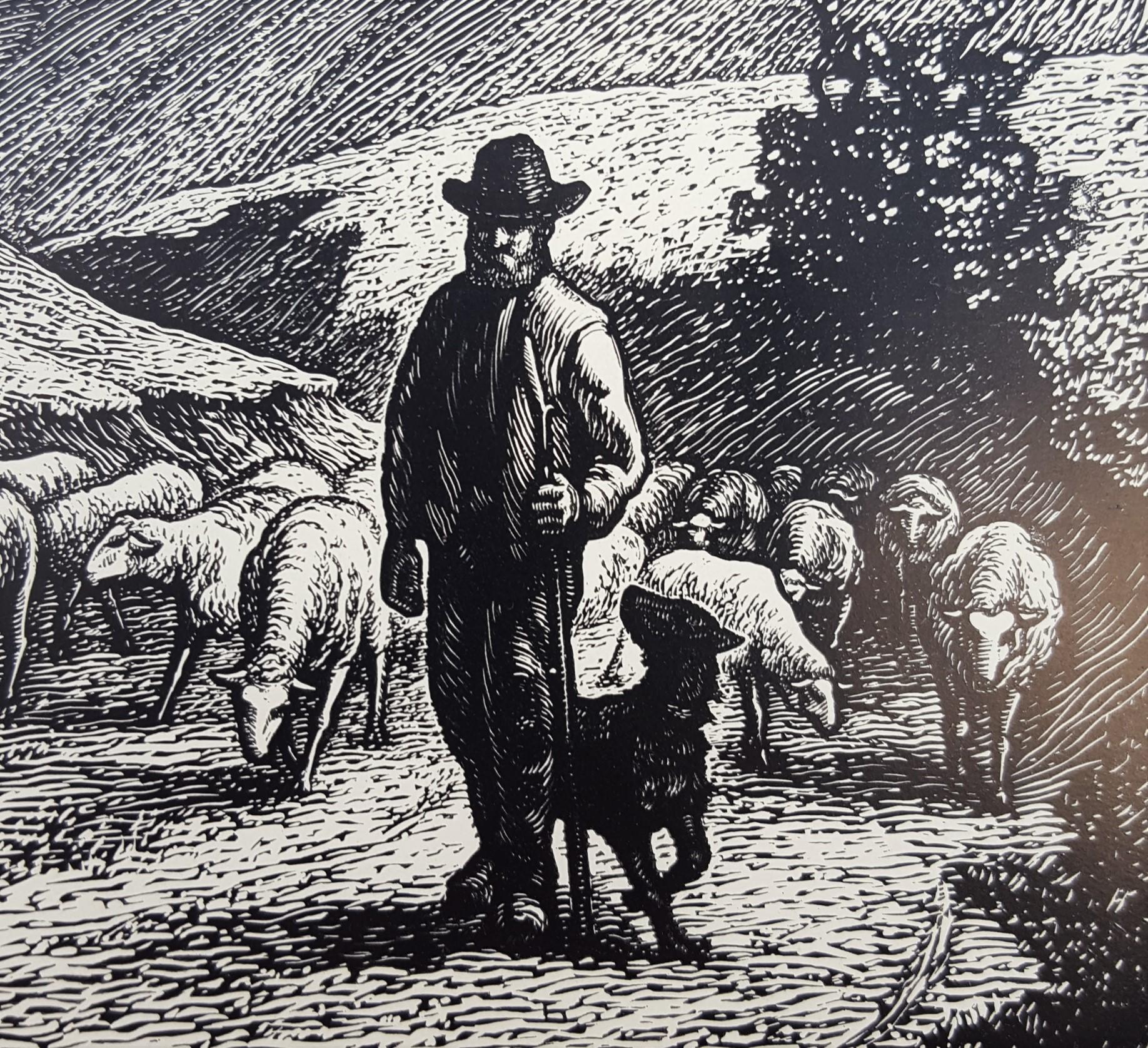Le Berger (The Shepherd) /// French Impressionist Woodcut Landscape Sheep Farm 4