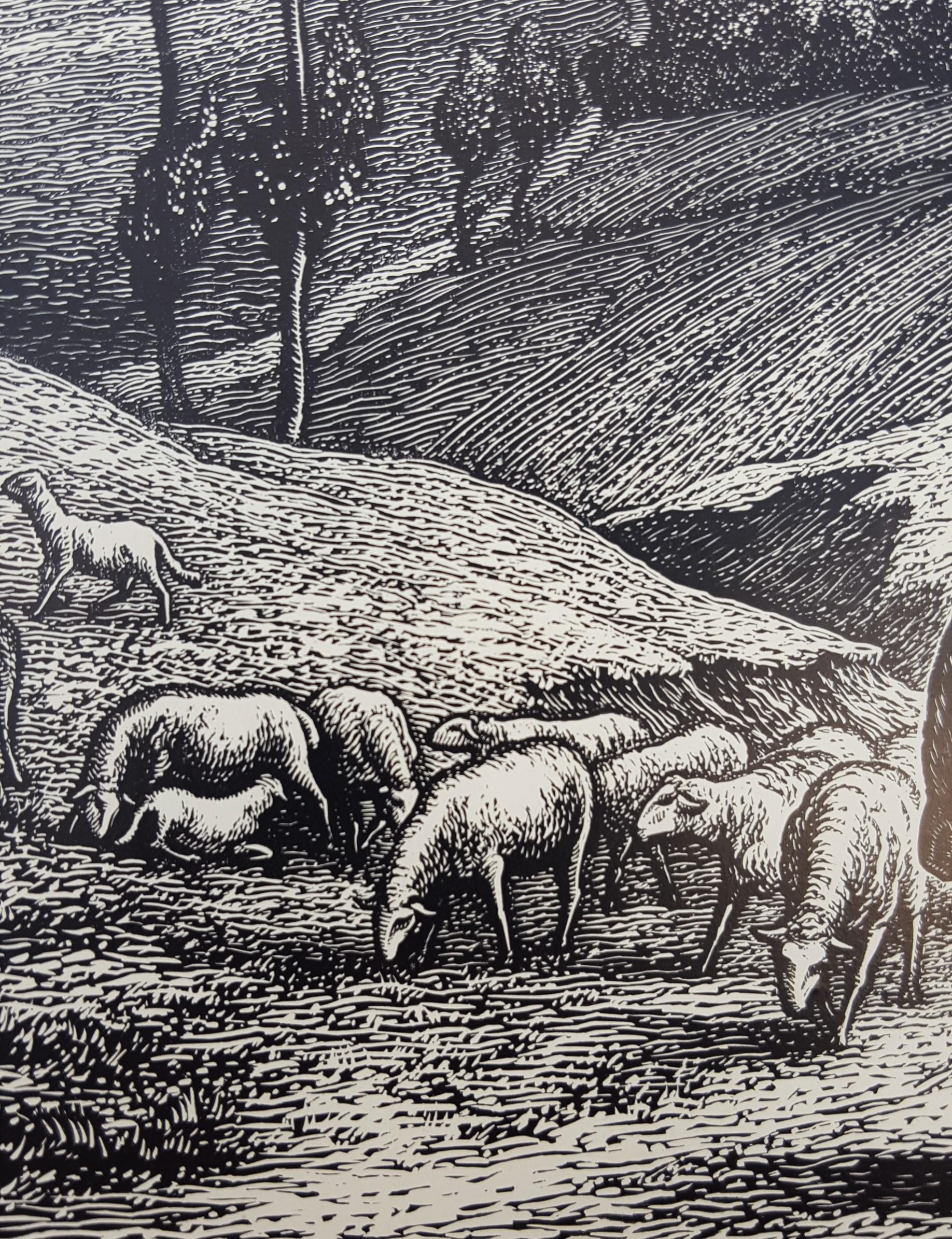 Le Berger (The Shepherd) /// French Impressionist Woodcut Landscape Sheep Farm 6