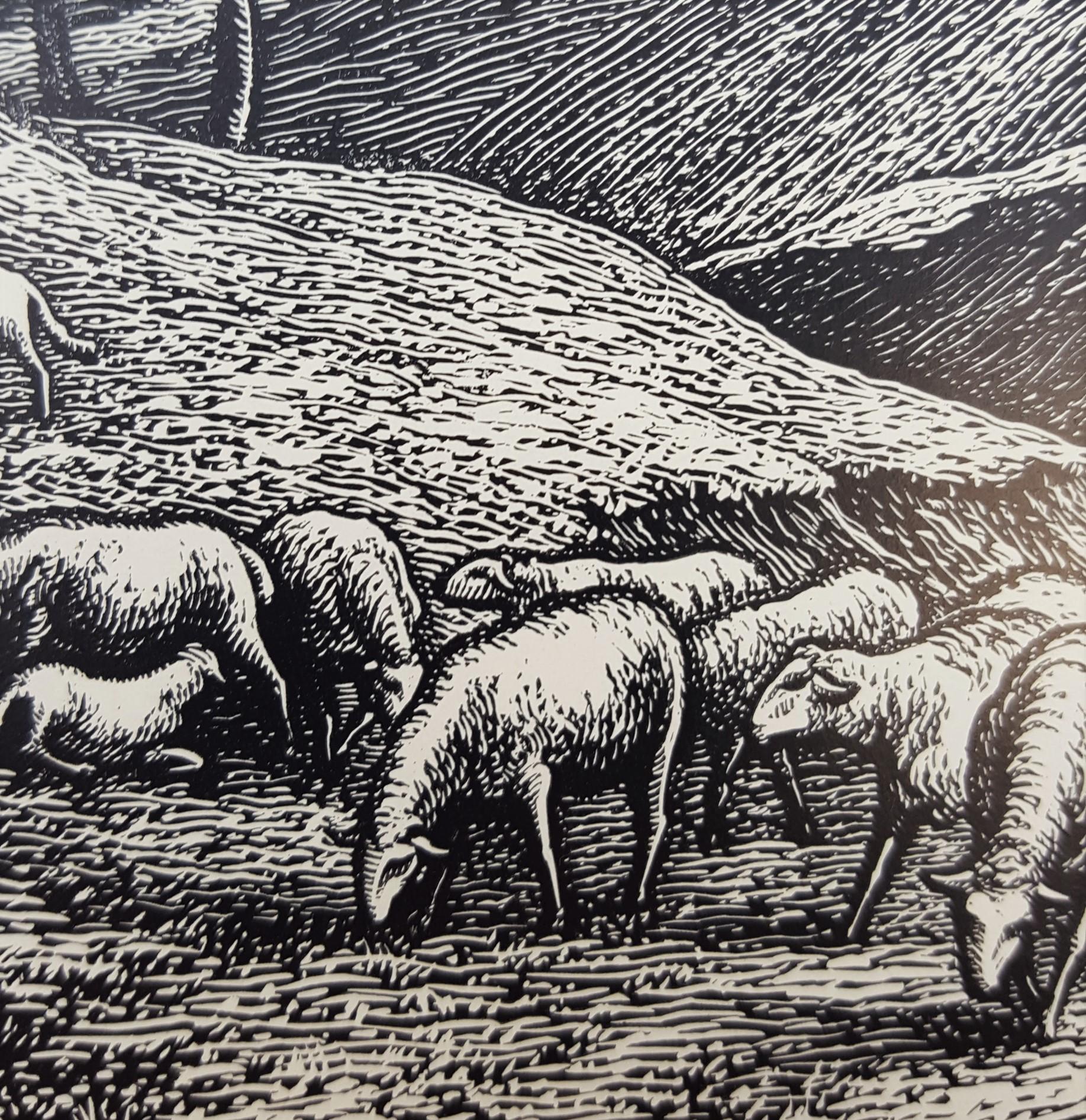 Le Berger (The Shepherd) /// French Impressionist Woodcut Landscape Sheep Farm 7