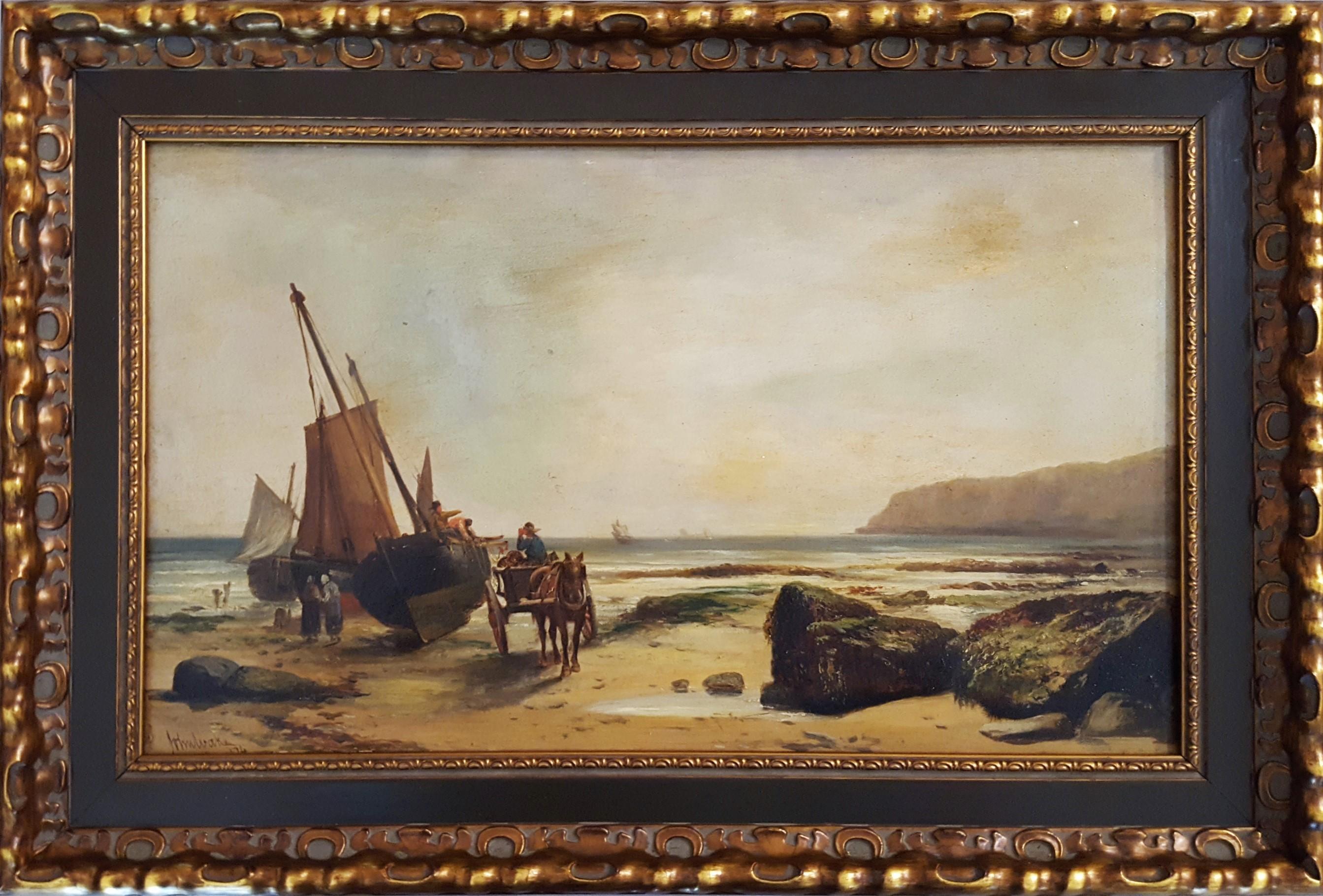 Pêcheurs déchargeant la pêche du jour, Douvres /// Paysage marin d'un navire victorien antique  - Painting de John Cheltenham Wake