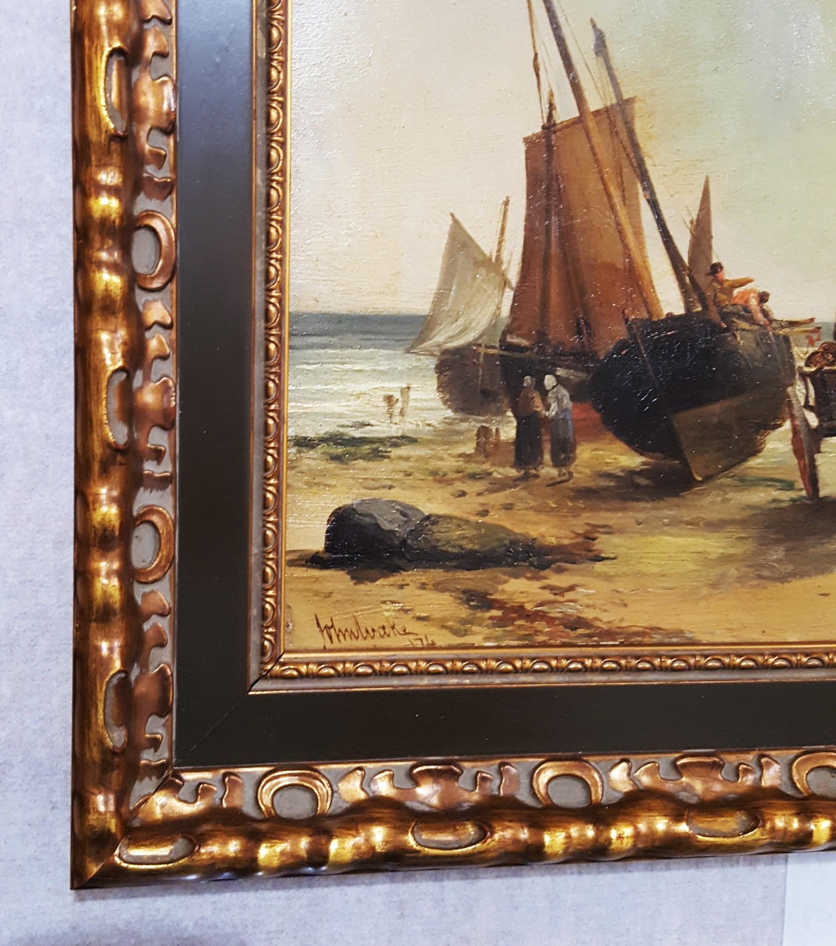 Pêcheurs déchargeant la pêche du jour, Douvres /// Paysage marin d'un navire victorien antique  - Victorien Painting par John Cheltenham Wake