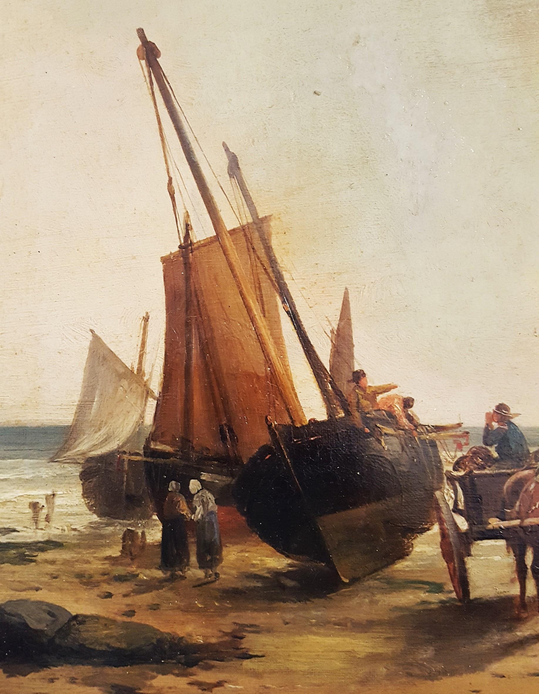Pêcheurs déchargeant la pêche du jour, Douvres /// Paysage marin d'un navire victorien antique  en vente 5