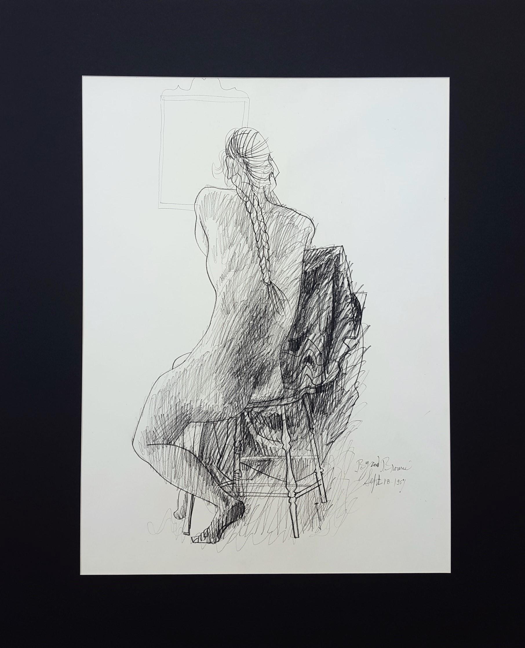 Chaise figurative nue assise avec miroir /// Lady Woman Byron Browne Drawing Art en vente 1