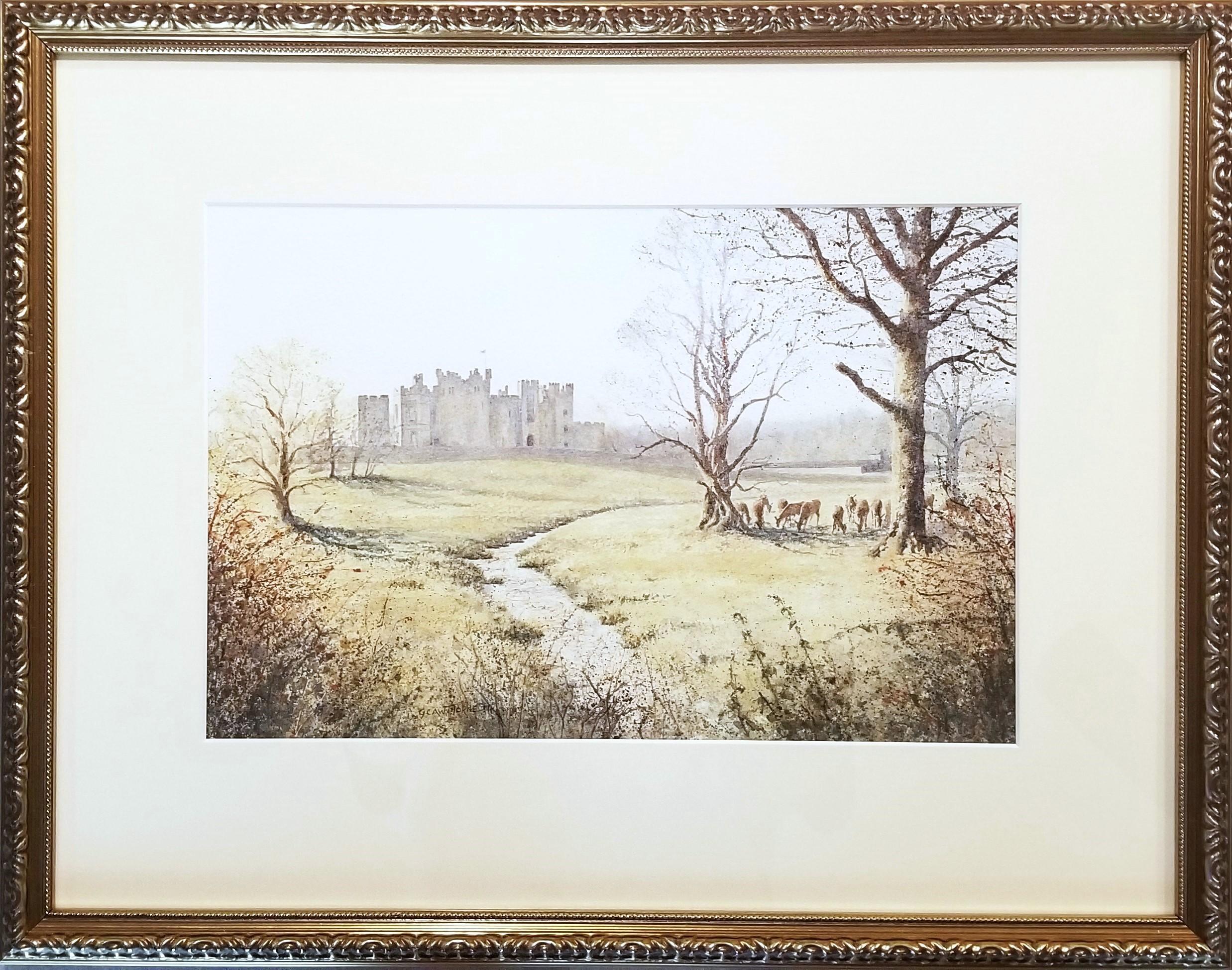 Castello di Raby, Staindrop /// Artista britannica contemporanea ad acquerello Cervo - Landscape Art Beige di Gillie Cawthorne