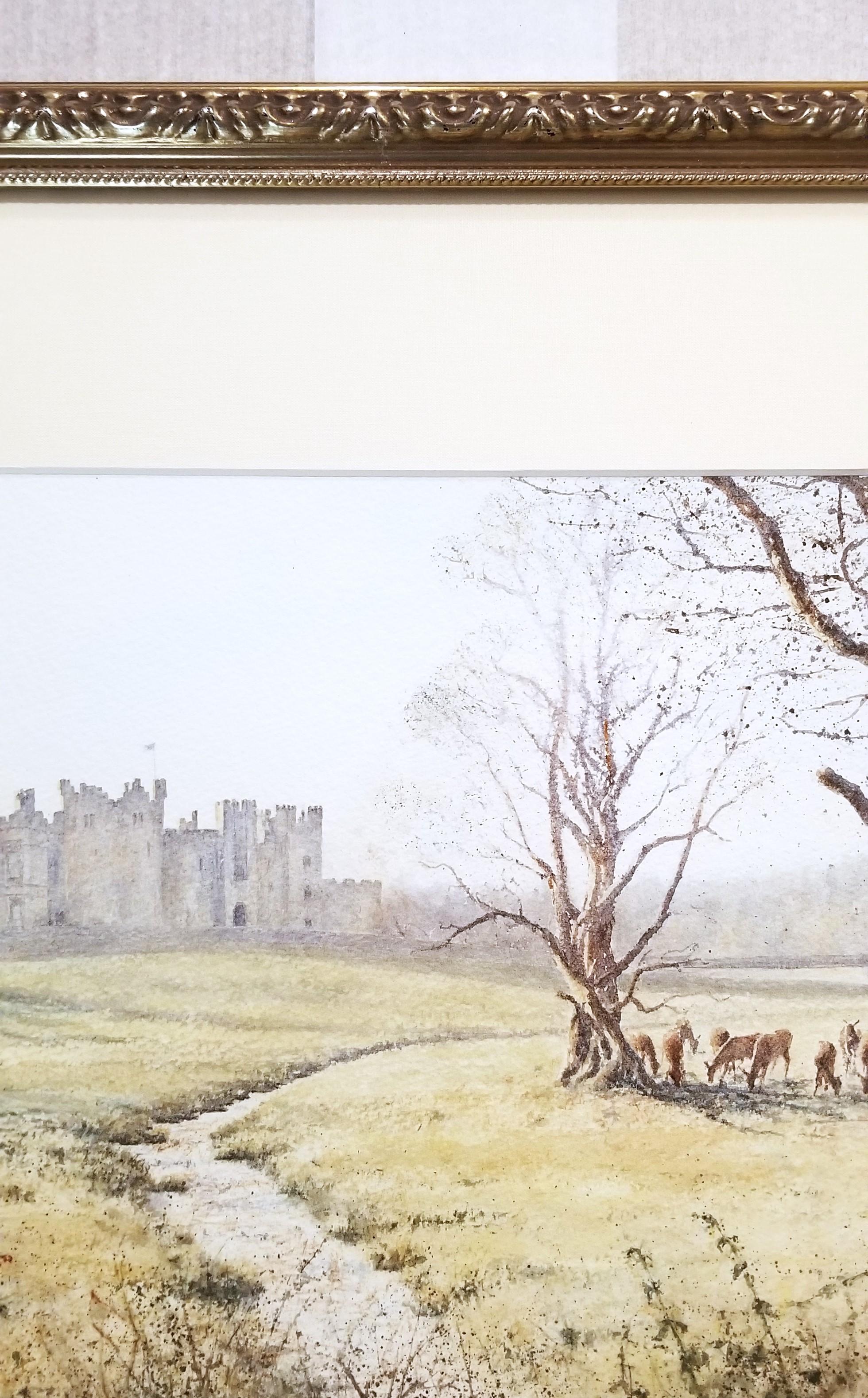 Castello di Raby, Staindrop /// Artista britannica contemporanea ad acquerello Cervo in vendita 5